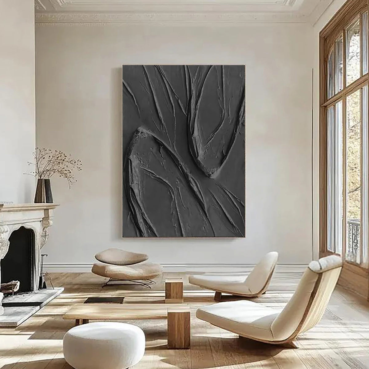 ONYX RIPPLE: Texture Wall Art, Hand-Painted All-Black Minimalist 3D Impasto Palette Knife Heavy Texture Gallery Art