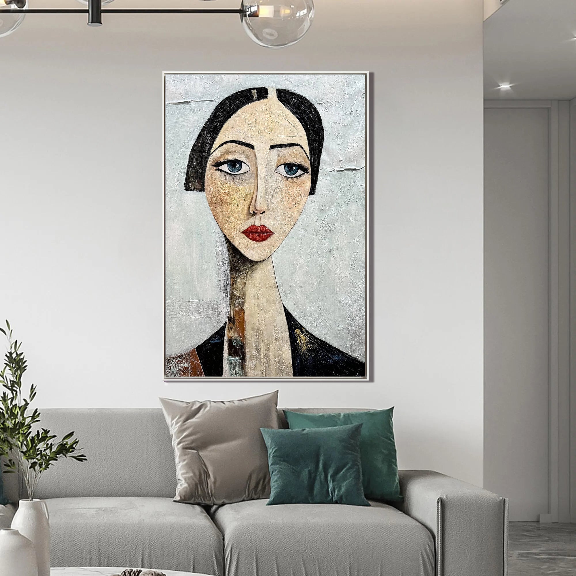 The Sapphire Gaze – Expressionist Modigliani-Style Woman Portrait Painting | Retro Minimalist Living Hallway Art