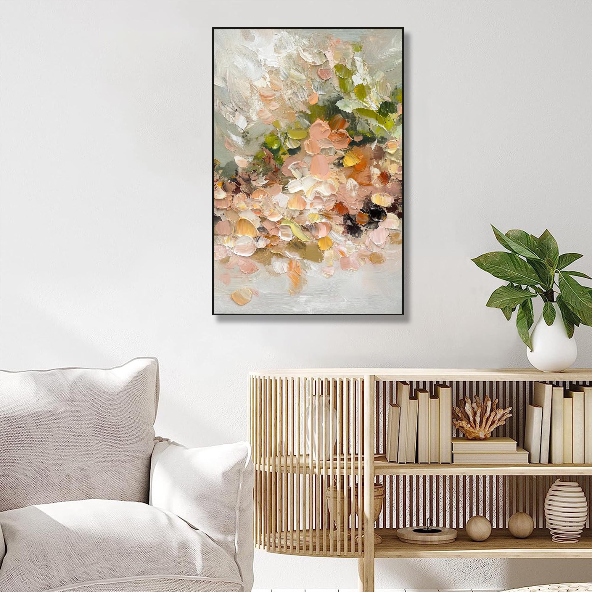 Creamy Meadow – Hand-Painted Minimalist Beige and Apricot 3D Floral Painting | Soft Organic Botanical Bedroom & Living Room Art