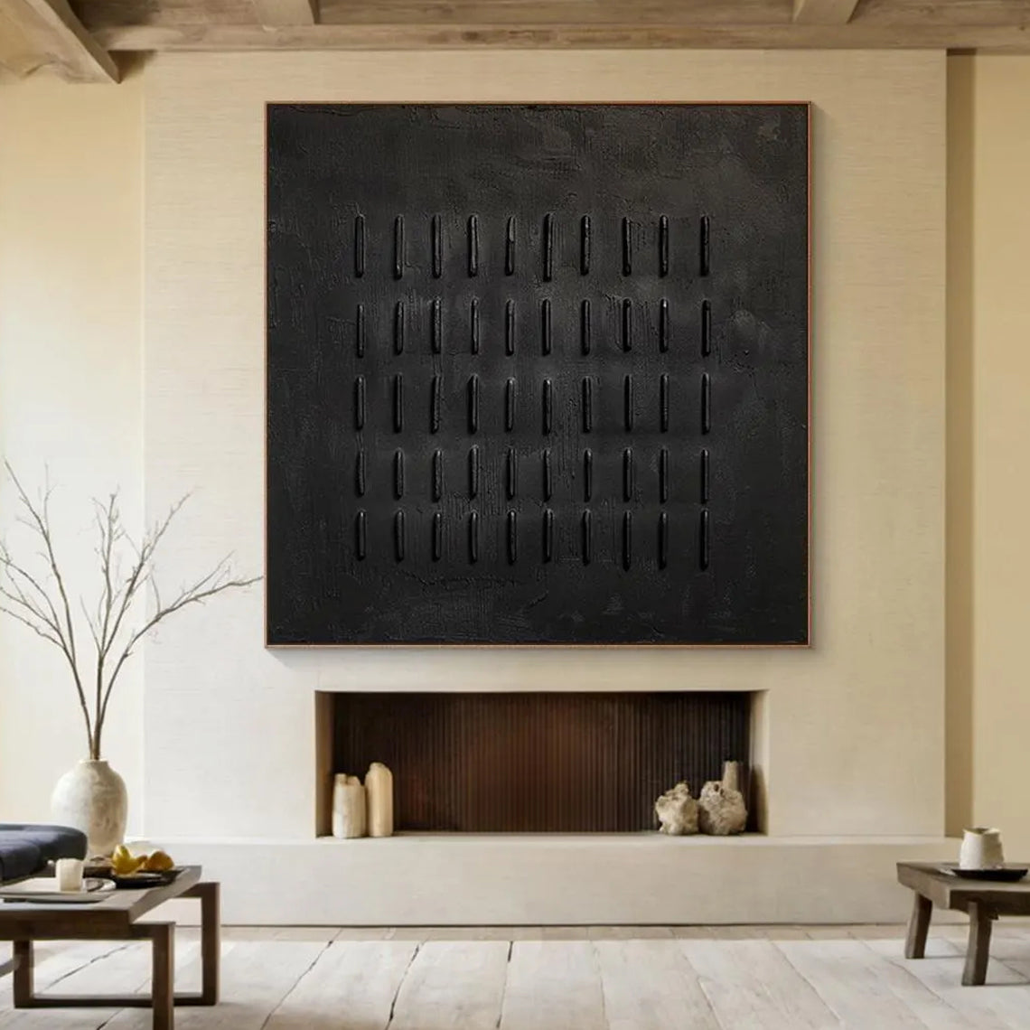 Onyx Rhythm – Hand-Painted All-Black Minimalist Plaster Relief Wabi-Sa