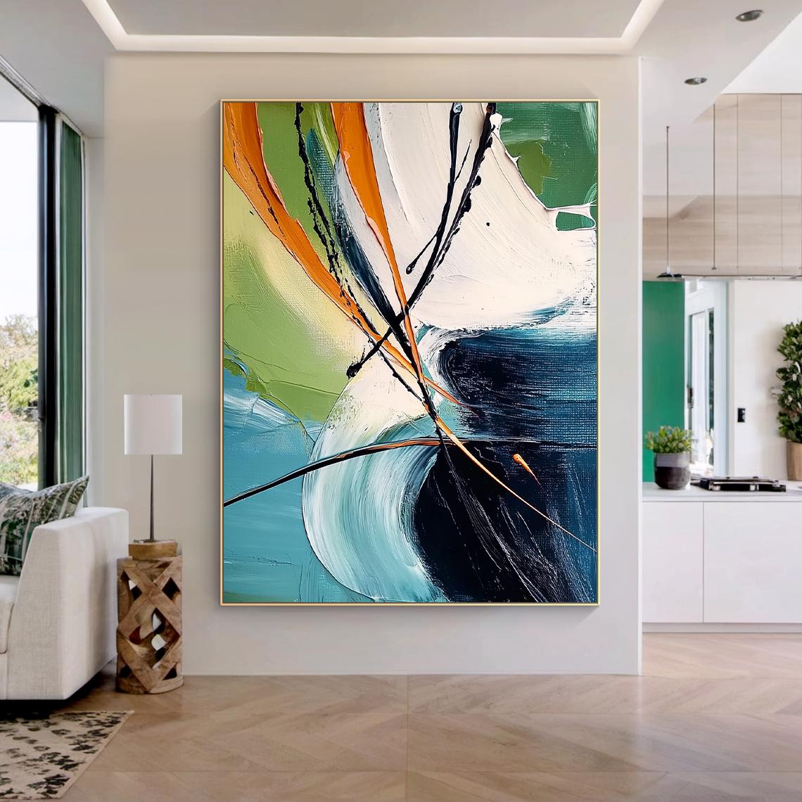 Urban Rhythm – Hand-Painted Modern Teal and Orange Large Brushstroke Abstract Painting | Modern Abstract Living Room & Office Art