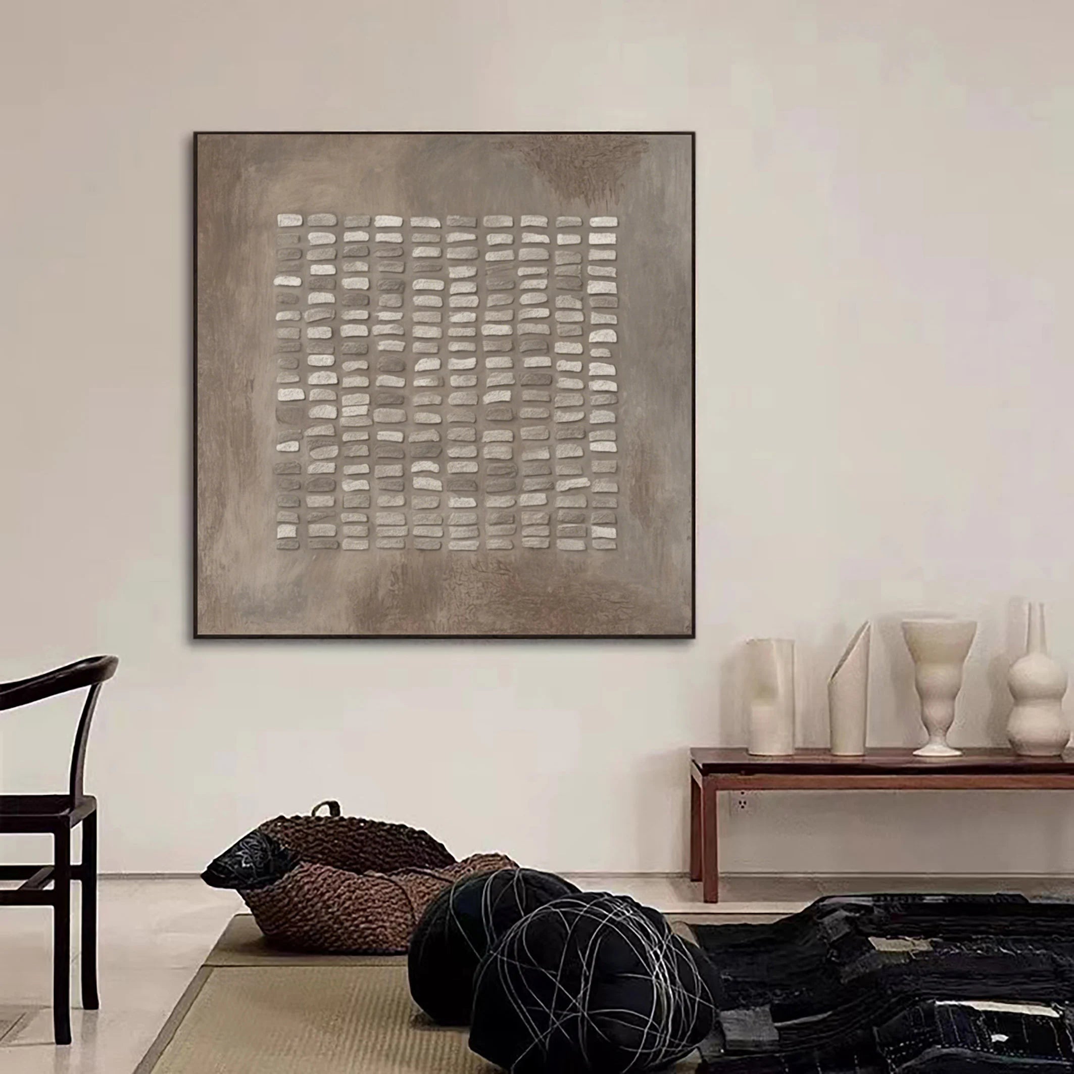 Zen Lattice – Plaster Grid Relief Abstract Wabi-Sabi Painting | Japandi Wabi-Sabi Living Room & Bedroom Art