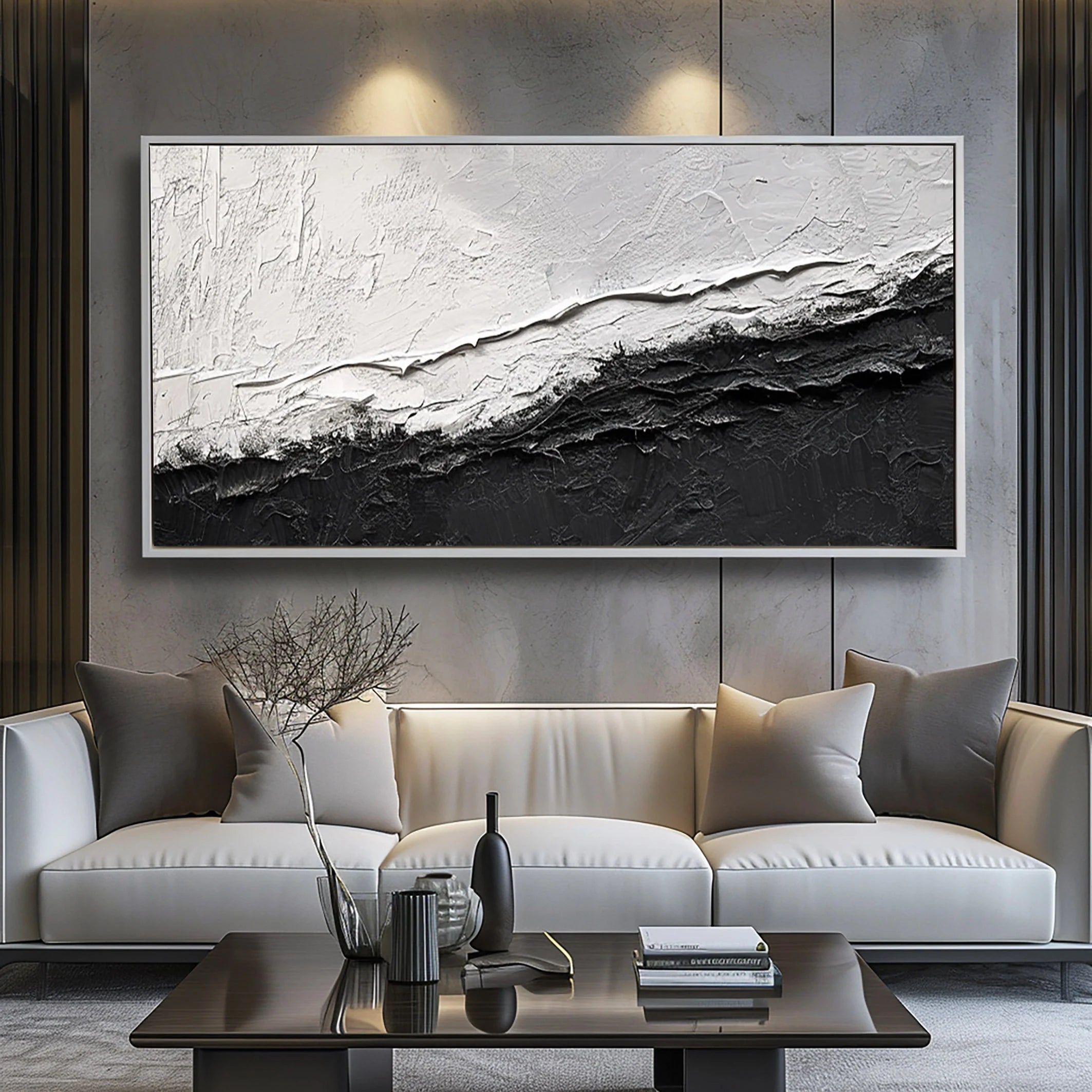 Mono Divide – Industrial Minimalist Black & White Painting | Textured Abstract Living Room Art