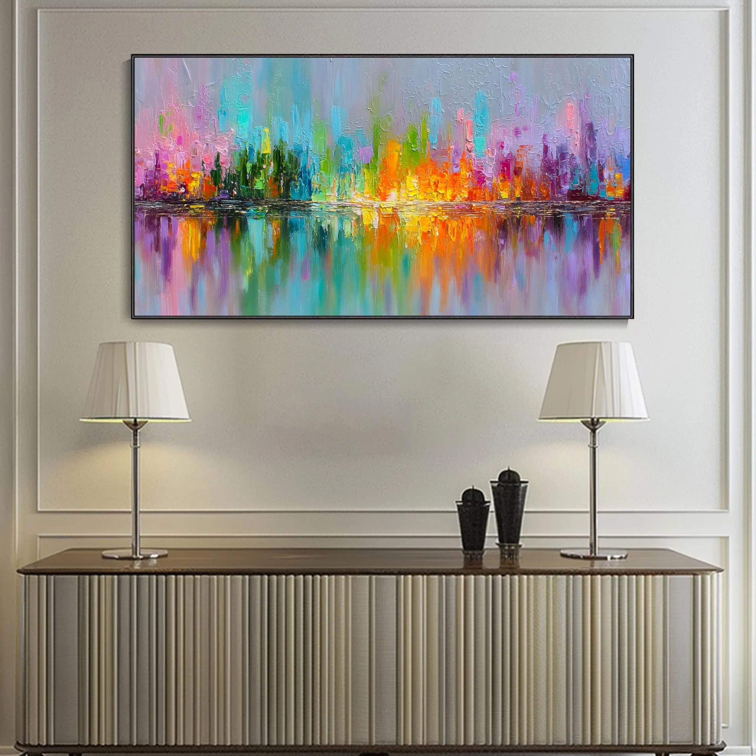 Spectrum Reflection – Hand-Painted Rainbow Palette Knife 3D Heavy Texture Abstract Colorful Painting | Bold Abstract Palette Knife Living Room Art