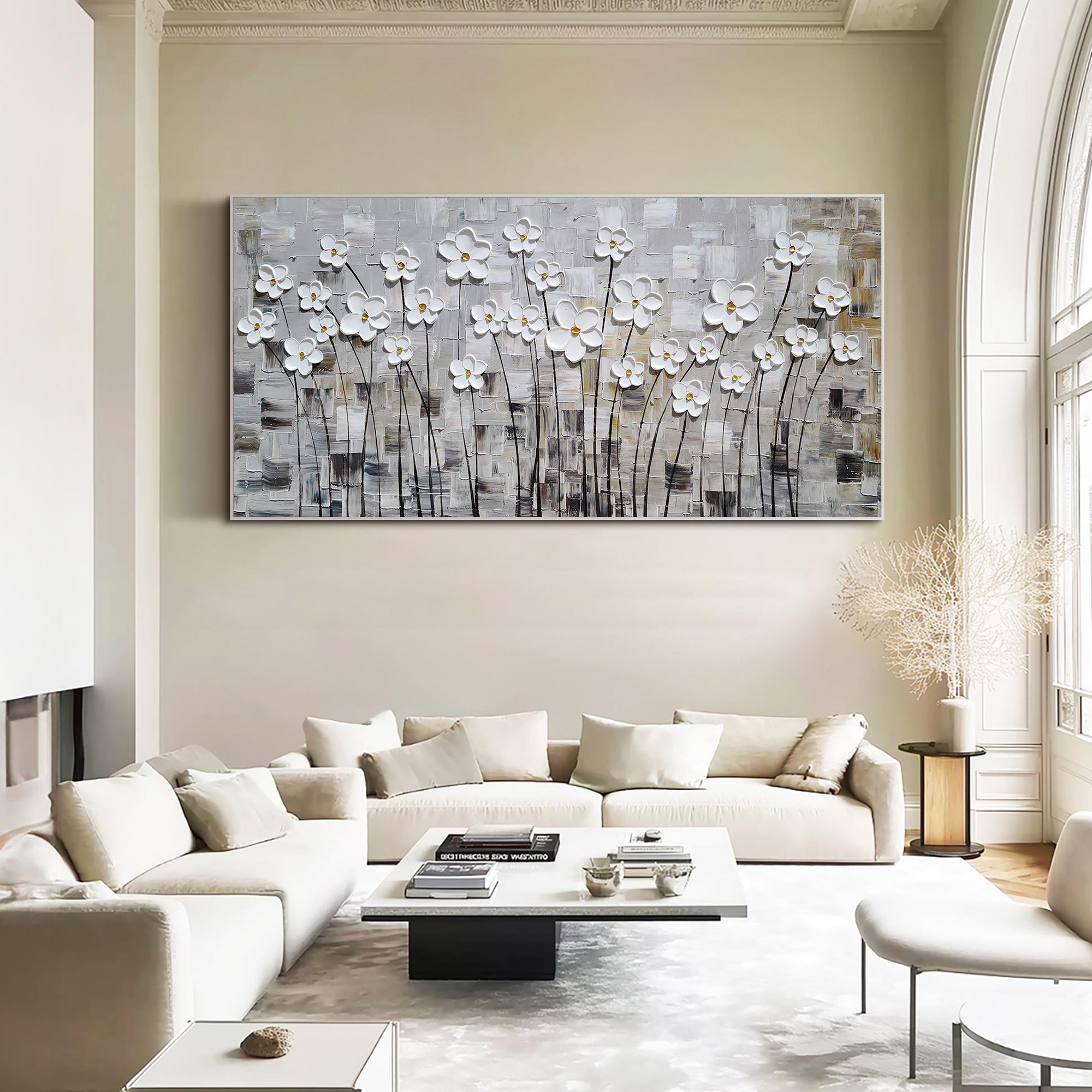 Modern Meadow – White Daisy Grid Relief Impasto Floral Painting | Contemporary Botanical Bedroom & Living Room Art