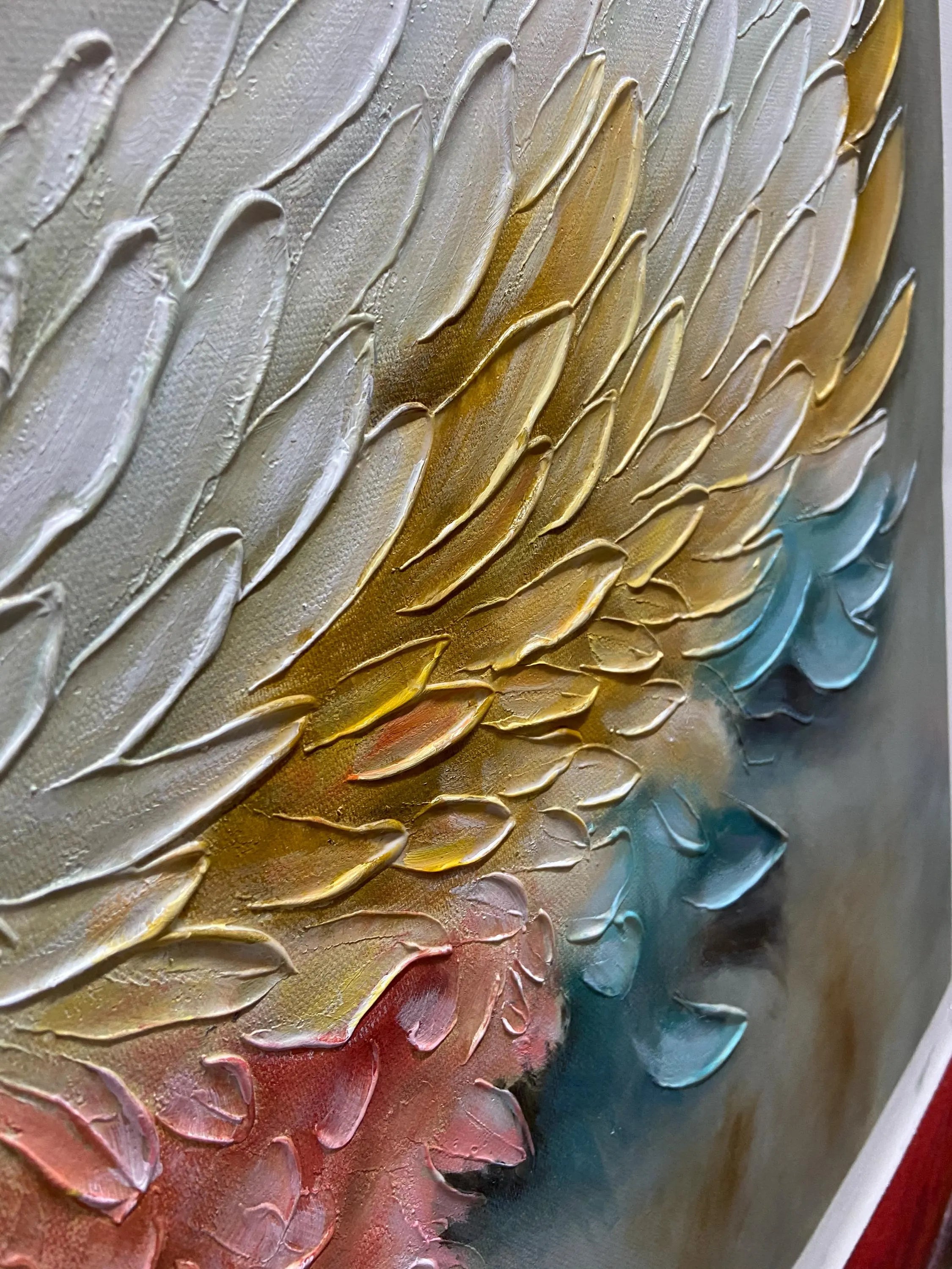 Sunset Wings – Gold & Rose Pink Feather Relief Texture Painting | Modern Luxury Metallic Living Room & Hotel Art