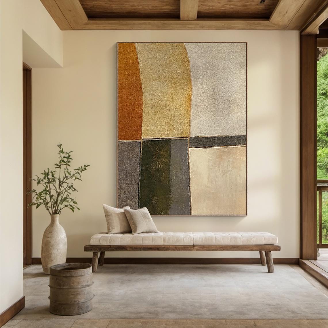 MID-CENTURY BLOCKS: Minimalist Wall Art, Hand-Painted Modern Abstract Ochre and Grey Textured Gallery Art