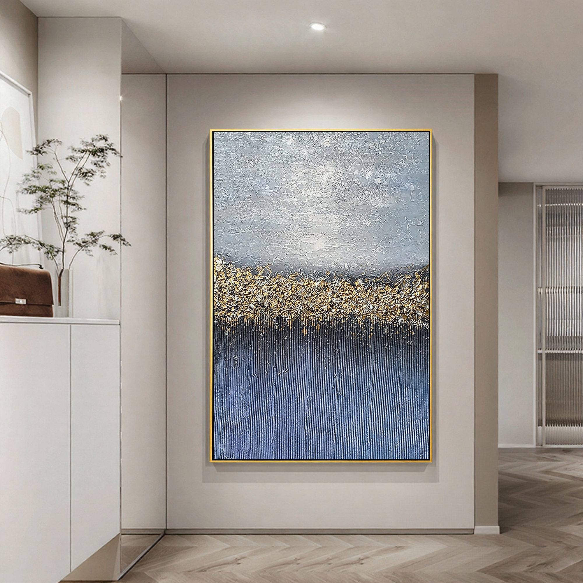Galactic Reflection – Hand-Painted Navy Blue and Gold Foil Starry Sky 3D Plaster Effect Texture Painting | Coastal Modern Living Room & Bedroom Art