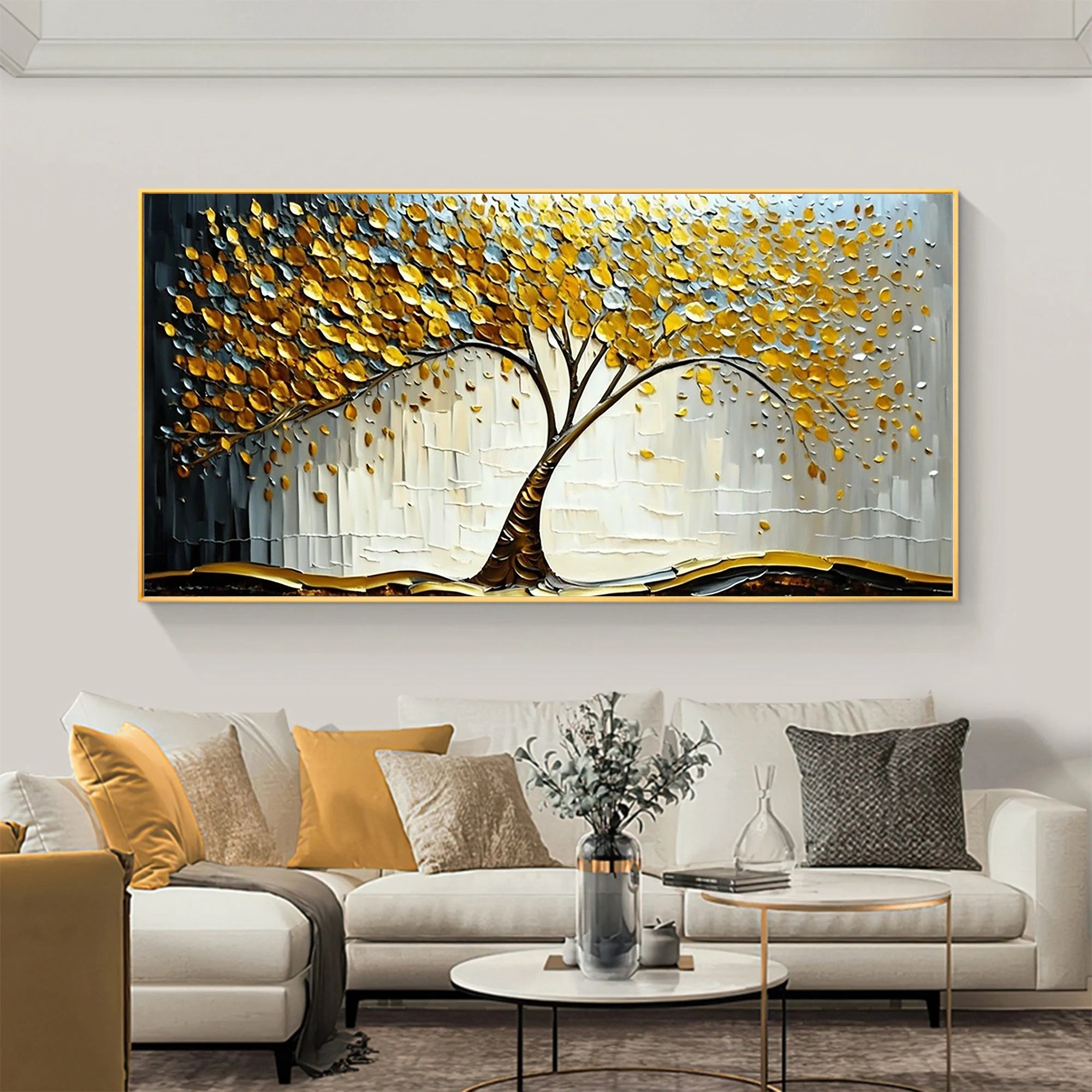 Golden Prosperity – Modern Luxury Oil Painting | Impasto Gold Leaf Tree of Life Living Room Art