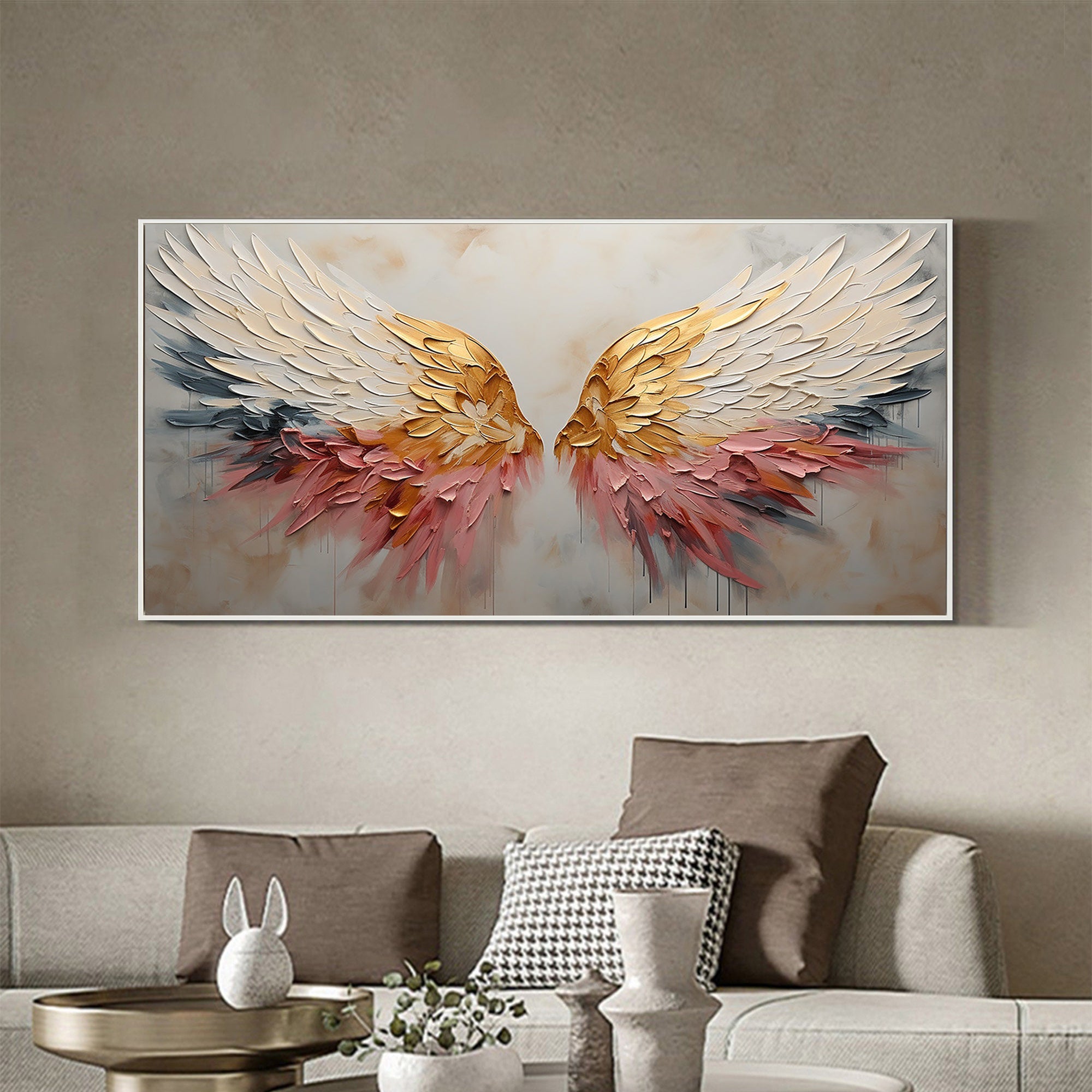 Celestial Wings – Gold Leaf Feather Relief Texture Painting | Modern Luxury Metallic Living Room & Hotel Art