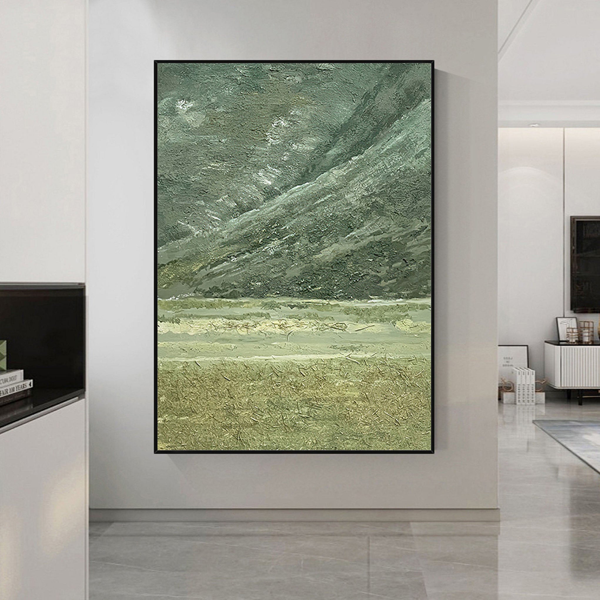 Moss Strata – Hand-Painted Sage Green Plaster Effect Layered Wabi-Sabi Painting | Japandi Wabi-Sabi Living Room & Bedroom Art