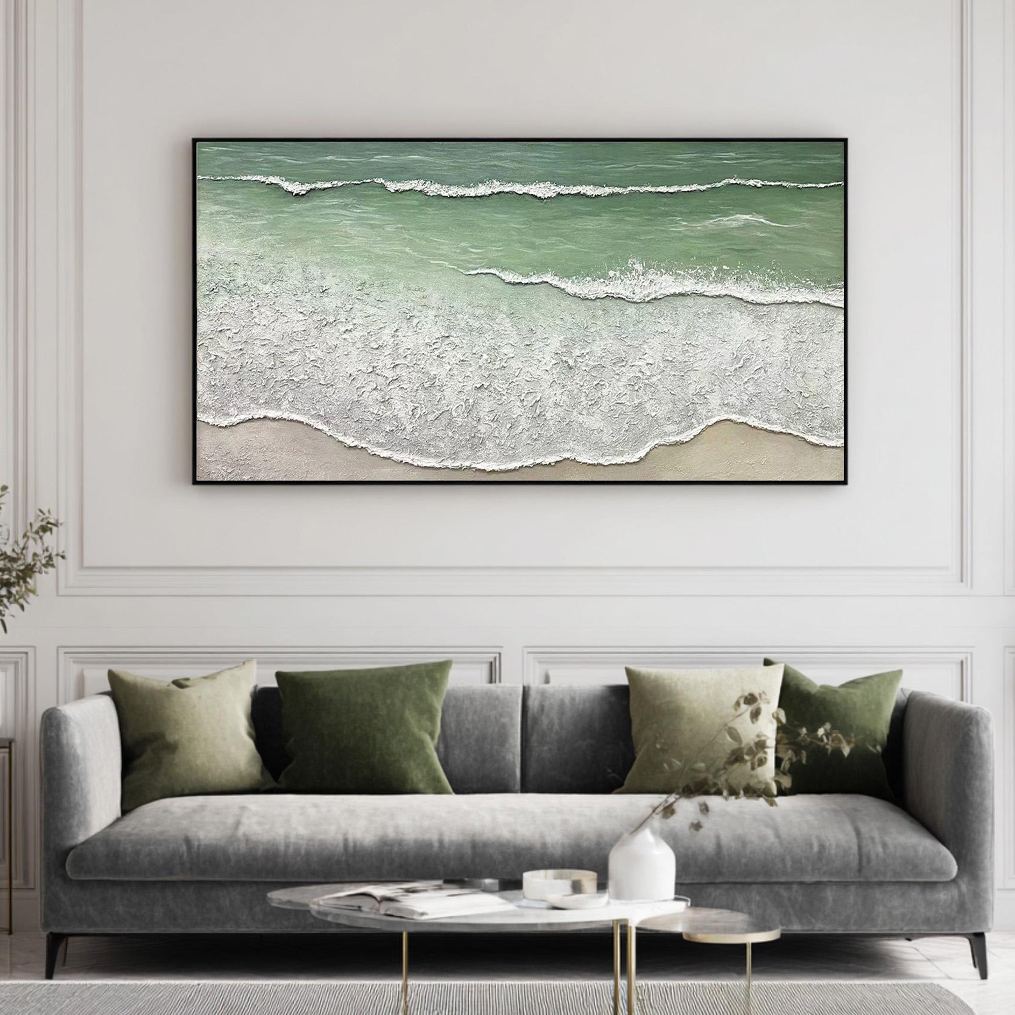Rhythm of Tides – Modern Minimalist Ocean Wave Textured Art | Panoramic Coastal Living Room Art
