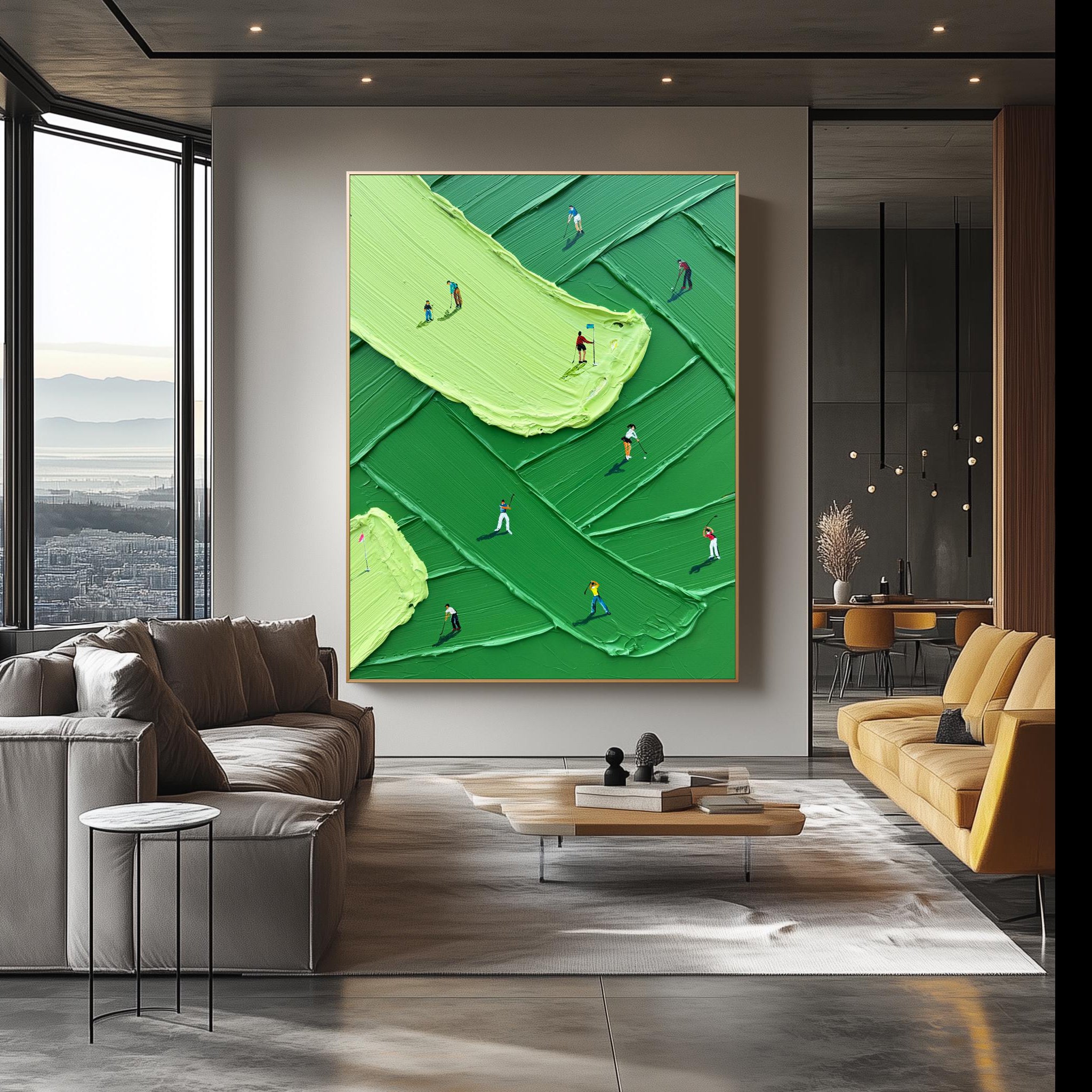 VIBRANT FAIRWAY: Sport Wall Art, Hand-Painted Green Grass Texture Minimalist Golfers 3D Heavy Texture Canvas Painting