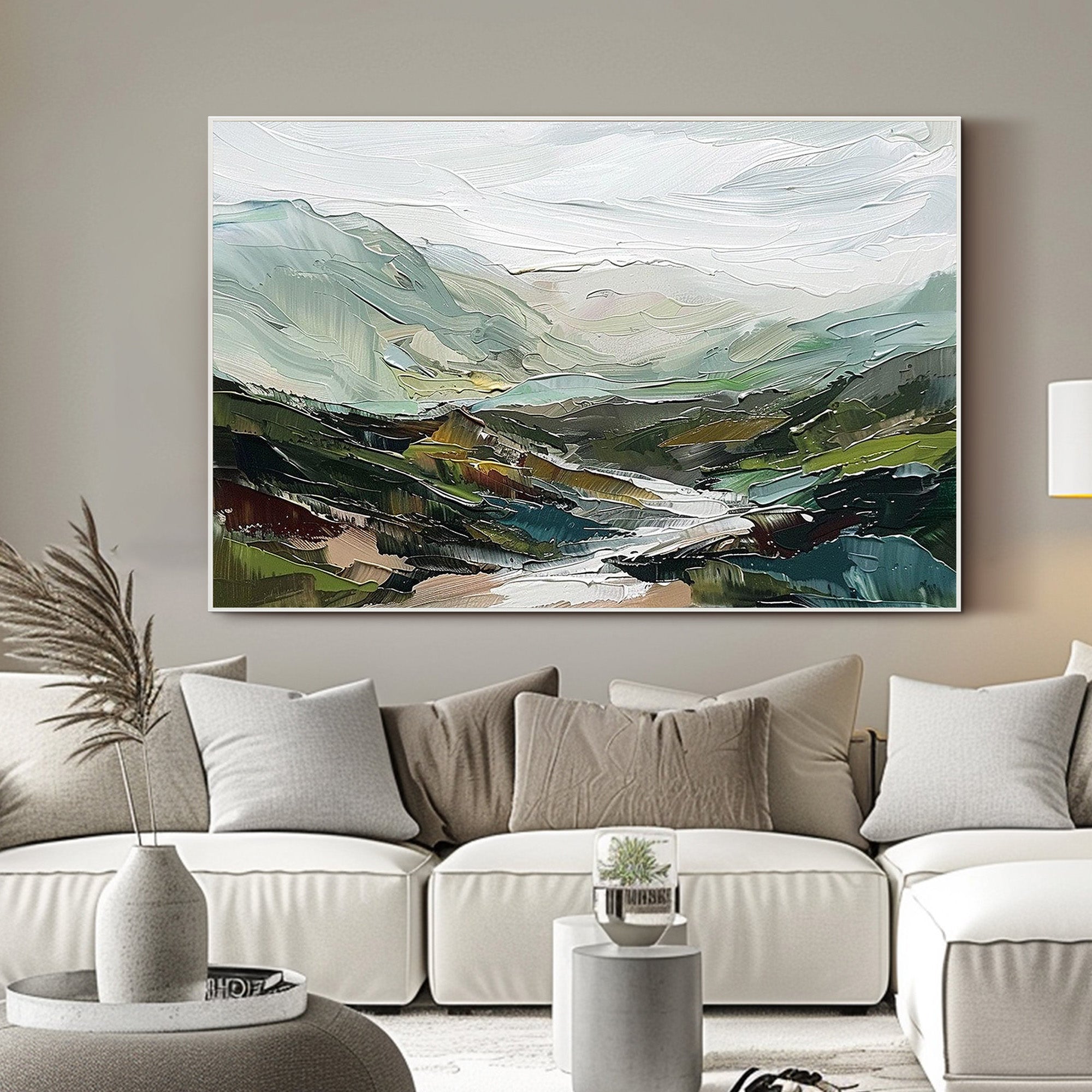 Emerald Valley – Hand-Painted Green Mountain and River Valley Palette Knife Oil Landscape Painting | Contemporary Mountain Living Room & Home Office Art