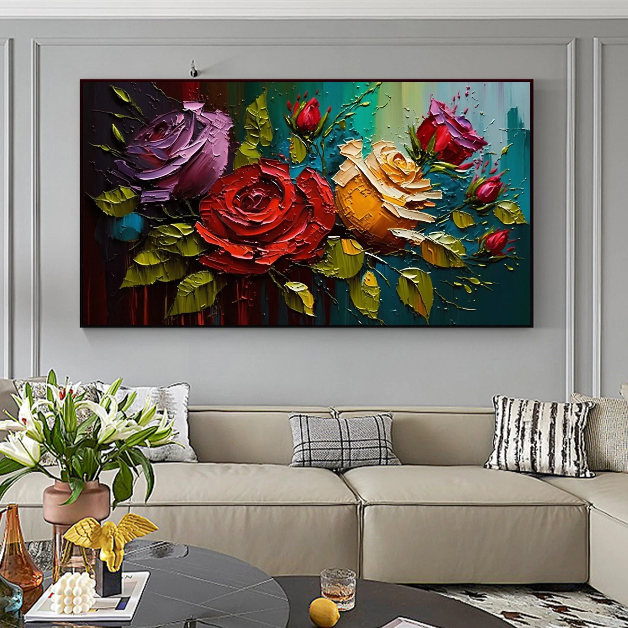 Velvet Roses – Vibrant Floral Relief Floral Painting | Vibrant Botanical Living Room & Dining Room Art