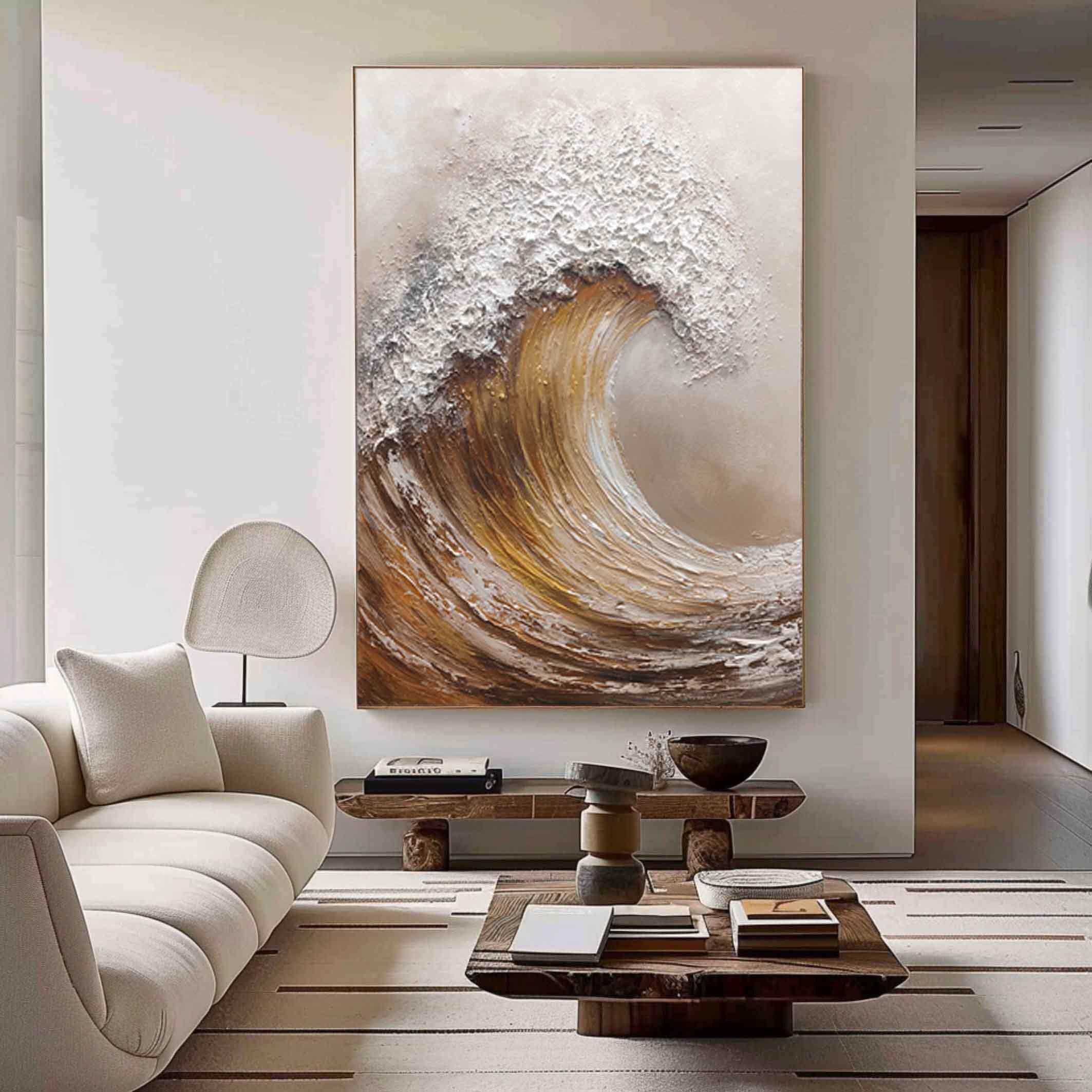 Amber Surge – Modern Creamy Ivory Abstract Heavy Impasto Painting | Contemporary Impasto Palette Knife Living Room Art