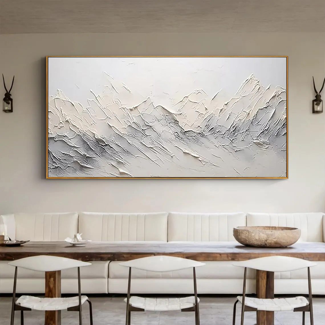 SNOWY PEAKS: Mountain Wall Art, Hand-Painted Plaster Effect 3D Palette Knife Heavy Texture Canvas Painting