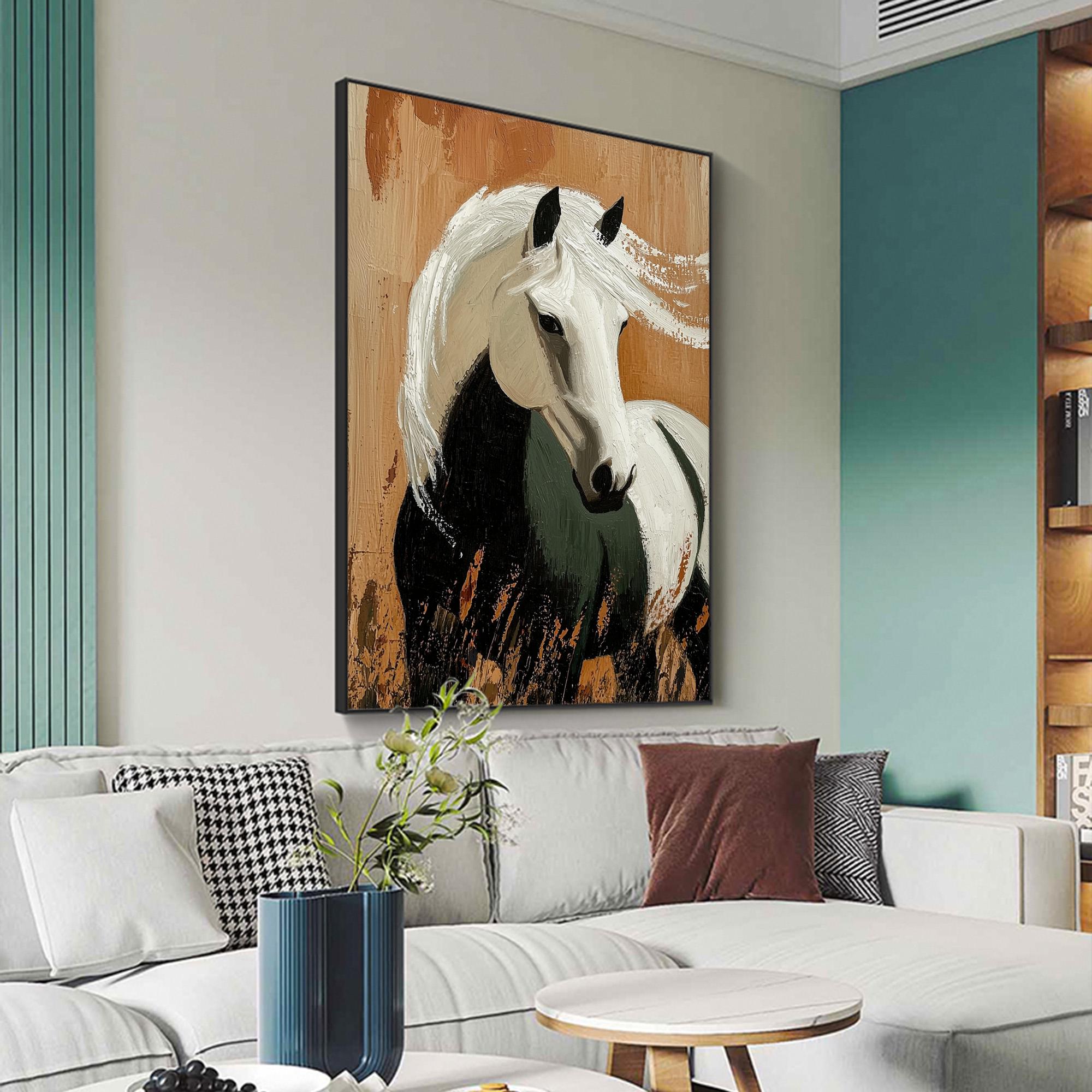 Noble Mane – Textured Black and White Horse Portrait Painting | Modern Minimalist Living Room Art