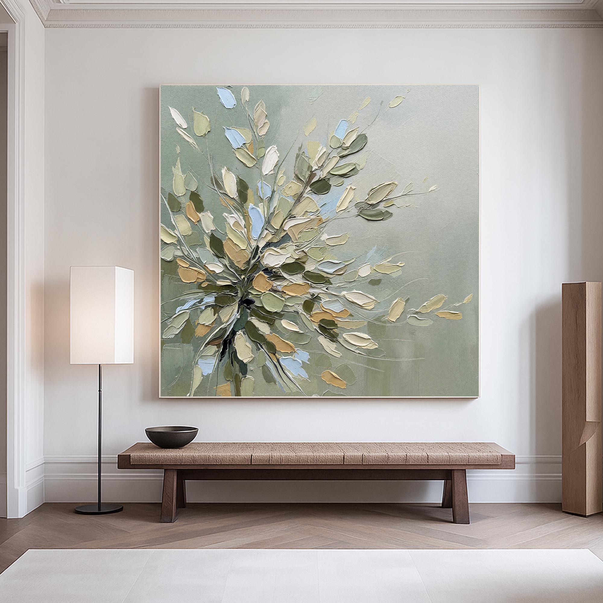 Sage Petals – Hand-Painted Sage Green 3D Impasto Blossom Floral Painting | Tropical Botanical Bedroom & Dining Room Art