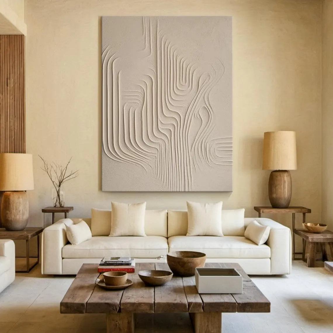 Zen Ripple – Hand-Painted Minimalist Beige Plaster Effect Relief Wabi-Sabi Painting | Japandi Organic Wabi-Sabi Living Room & Hallway Art