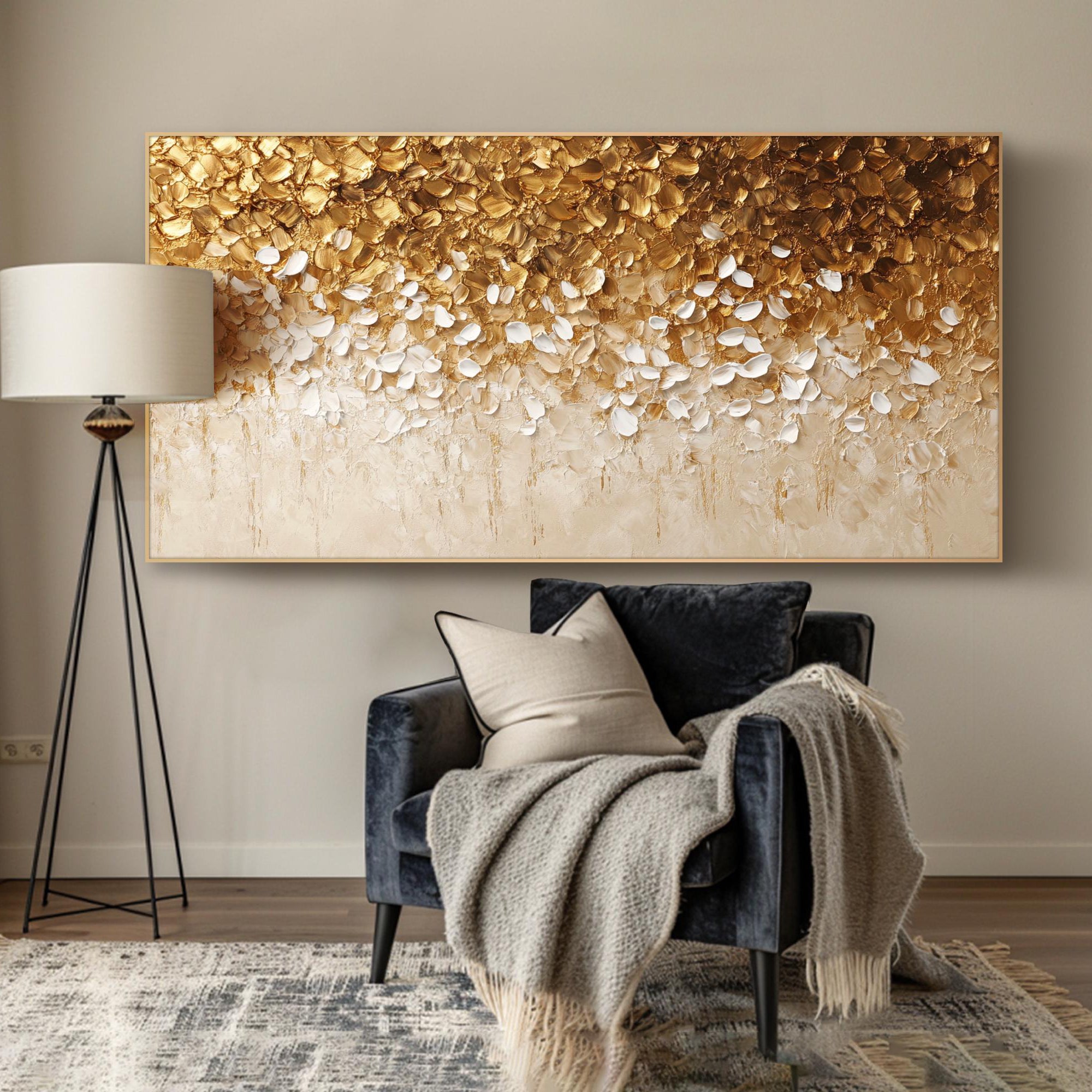 Golden Cascade – Hand-Painted Gold Foil and White 3D Textured Glitter Plaster Floral Painting | Modern Luxury Botanical Bedroom & Living Room Art
