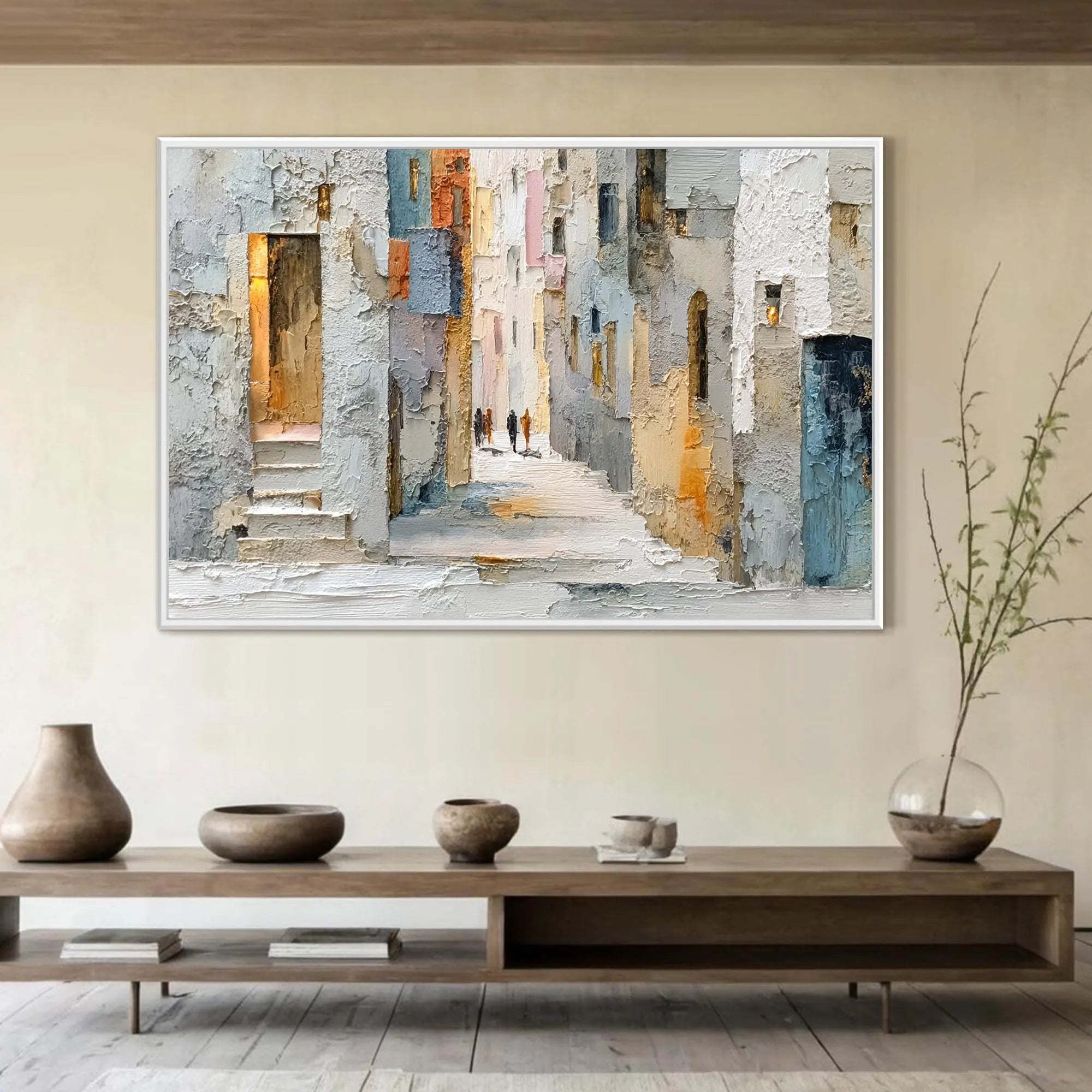 COBBLESTONE PATH: Cityscape Wall Art, Hand-Painted European Village Street Plaster Effect Palette Knife Textured Canvas Painting