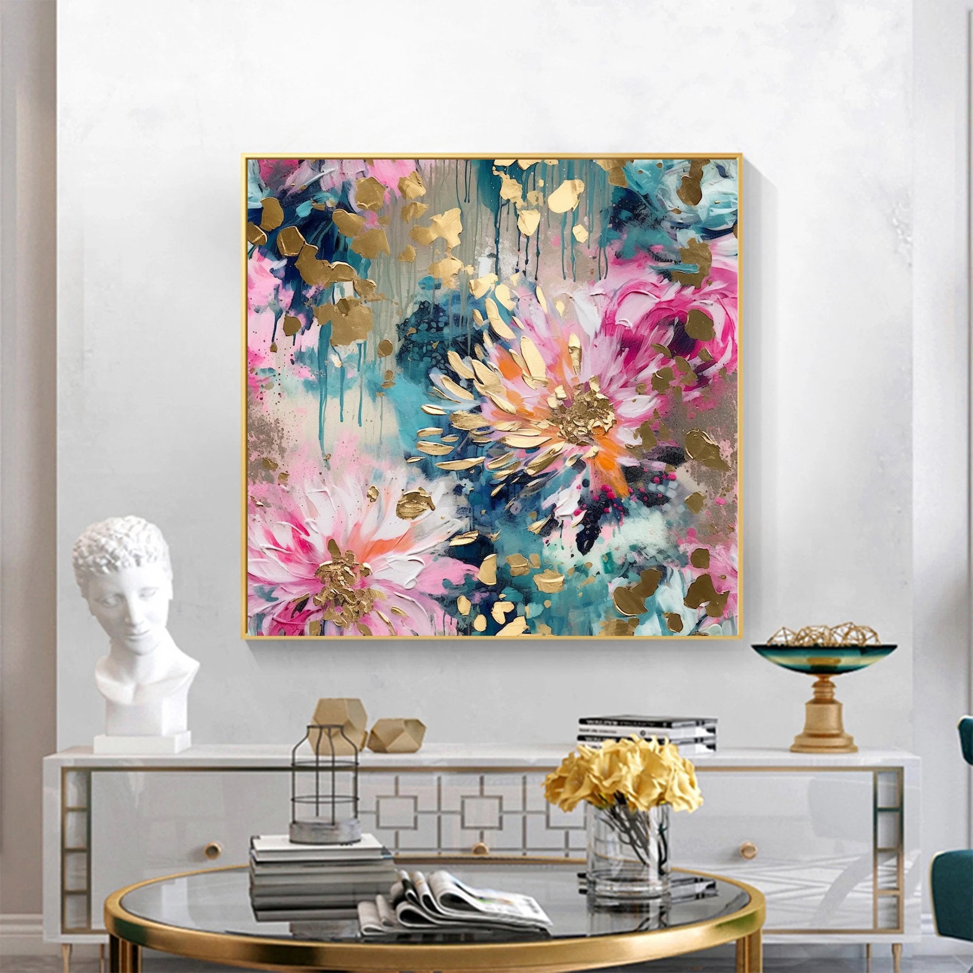 Aurora Bloom – Hand-Painted Multicolored Pink and Teal Gold Foil Abstract Floral Painting | Modern Luxury Botanical Bedroom & Living Room Art