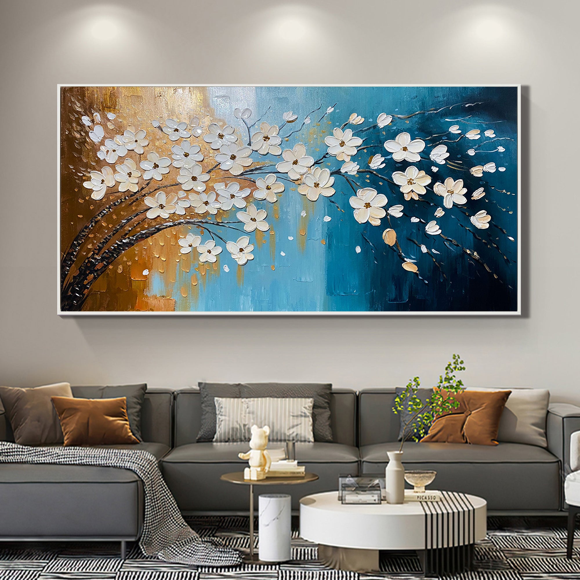 Golden Blossoms – Modern Blue and Gold Tree Hand-Painted Floral Painting | Modern Luxury Botanical Bedroom & Living Room Art