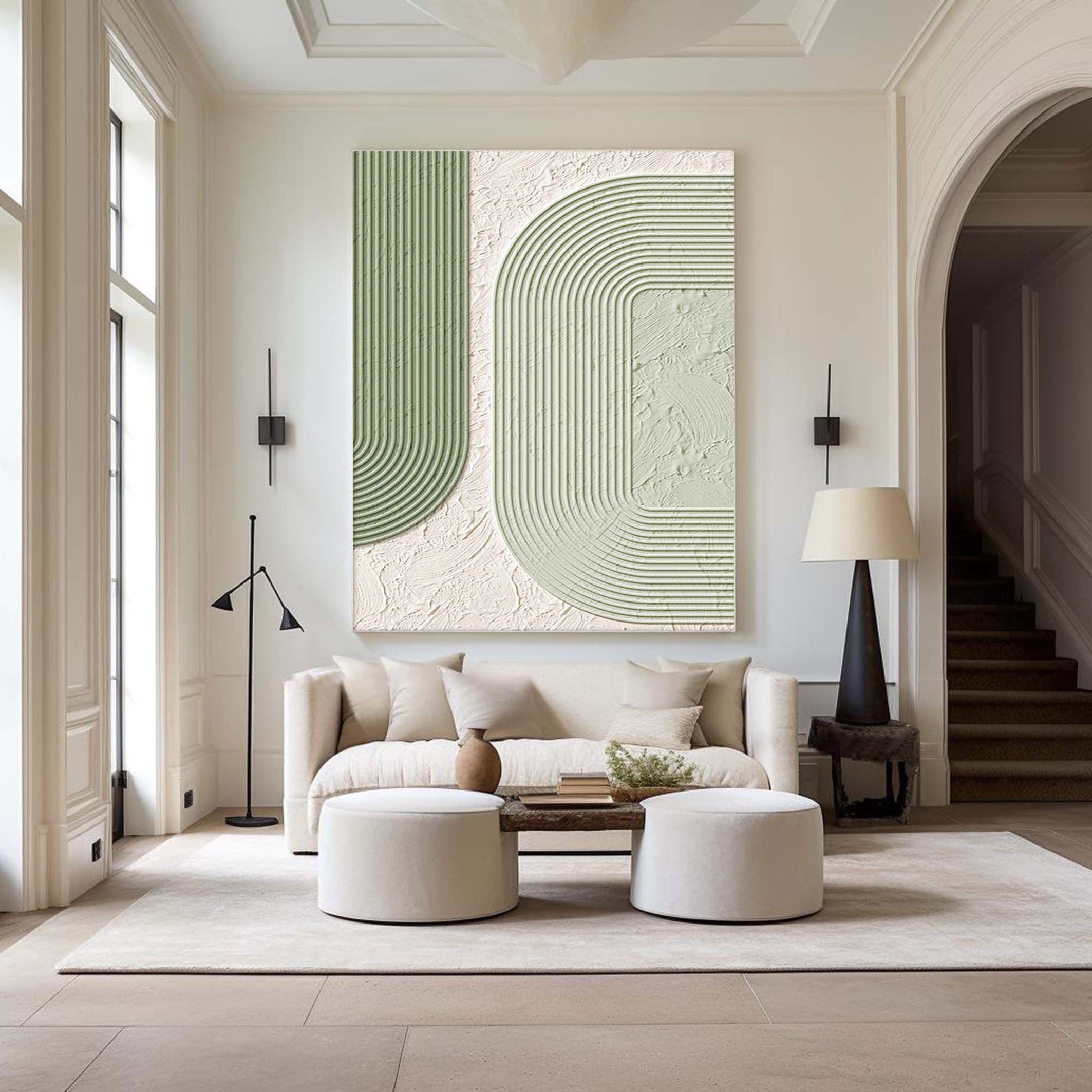 LINEAR ECHO: Modern Sculptural Line Art, Textured Sage & White Minimalist Canvas