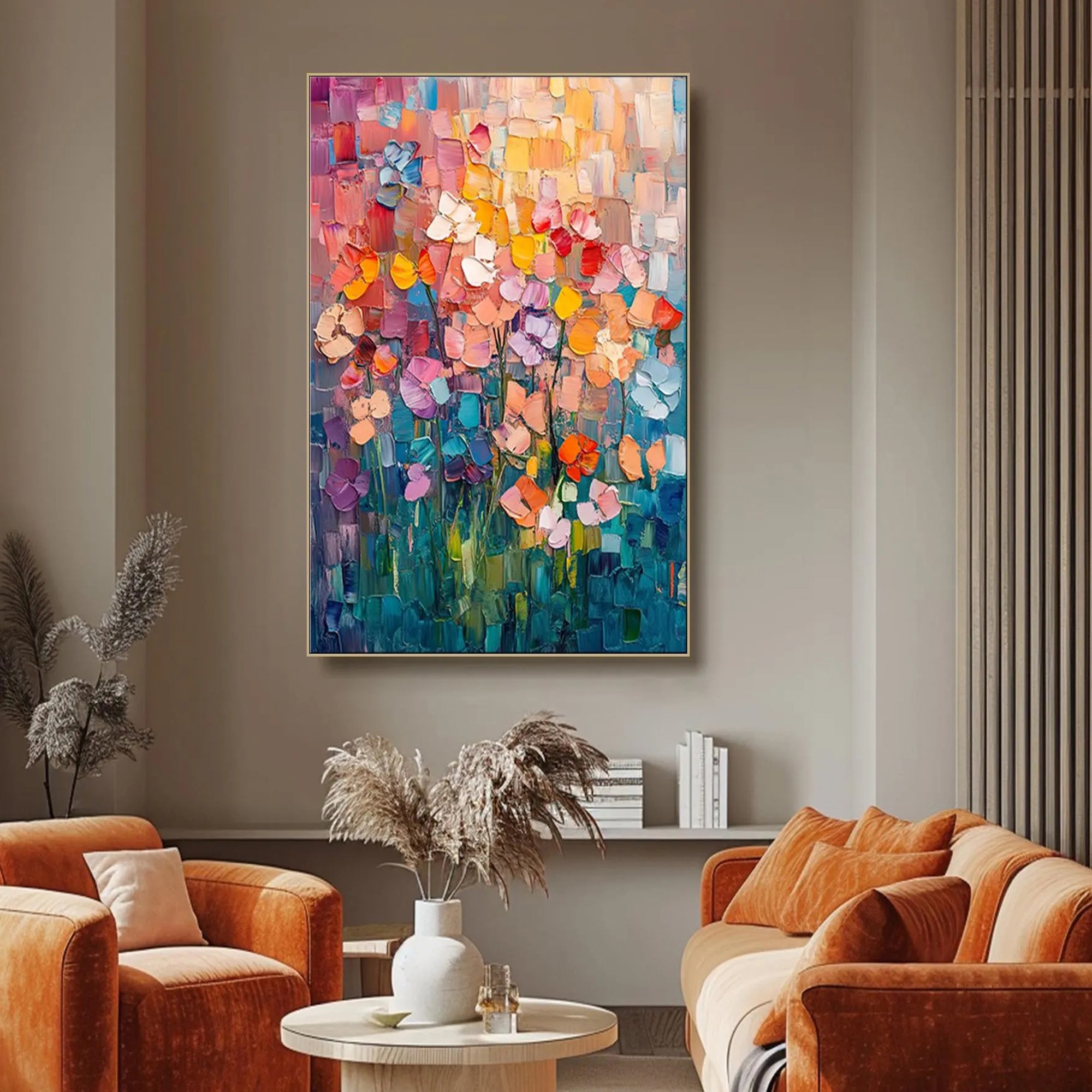 Vibrant Meadow – Hand-Painted Multicolored Rainbow Palette Knife Floral Painting | Vibrant Botanical Living Room & Dining Room Art