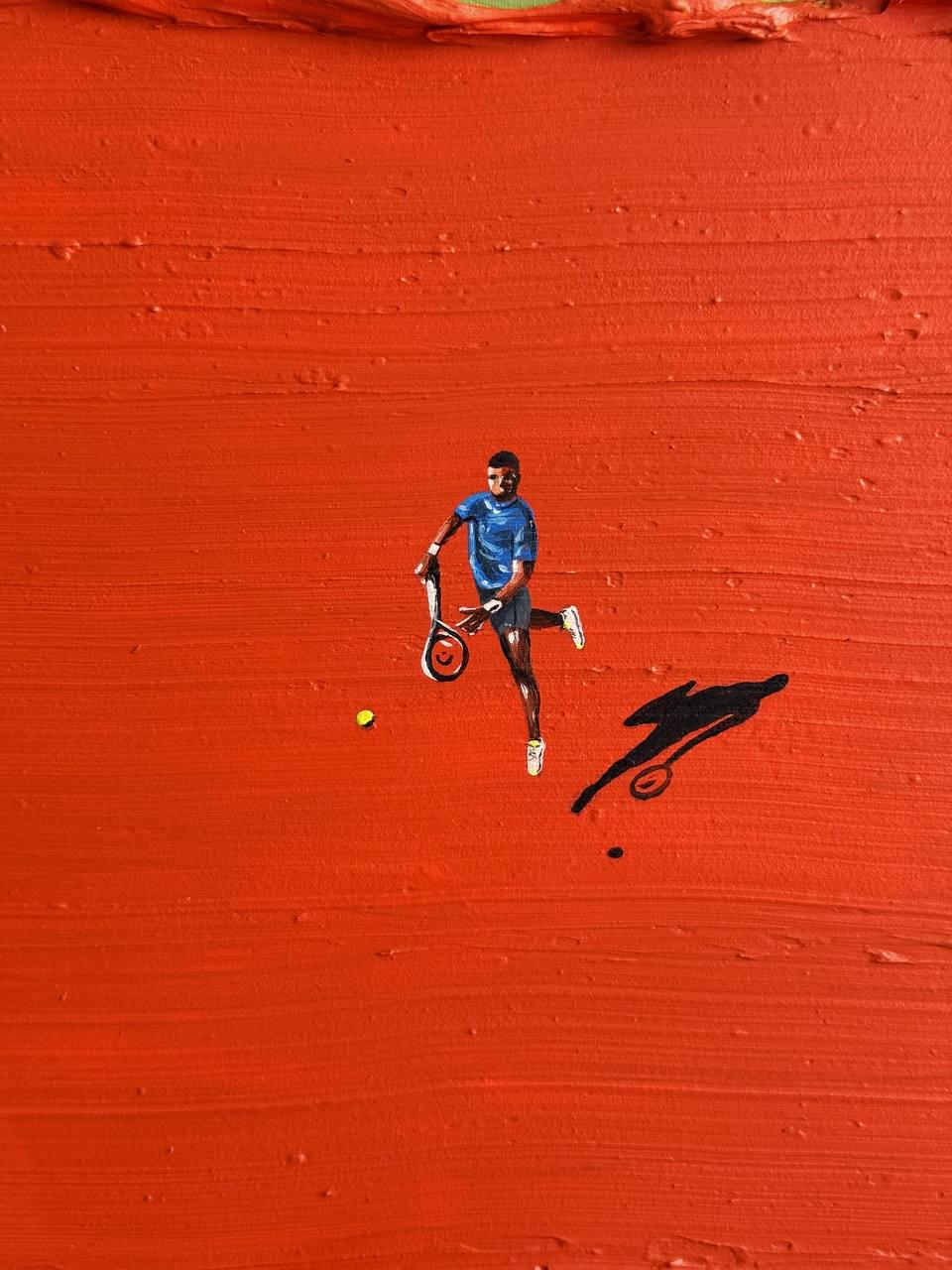 VIVID RACE: Creative Miniature People Oil Painting, Heavy Texture Red Block Abstract Art