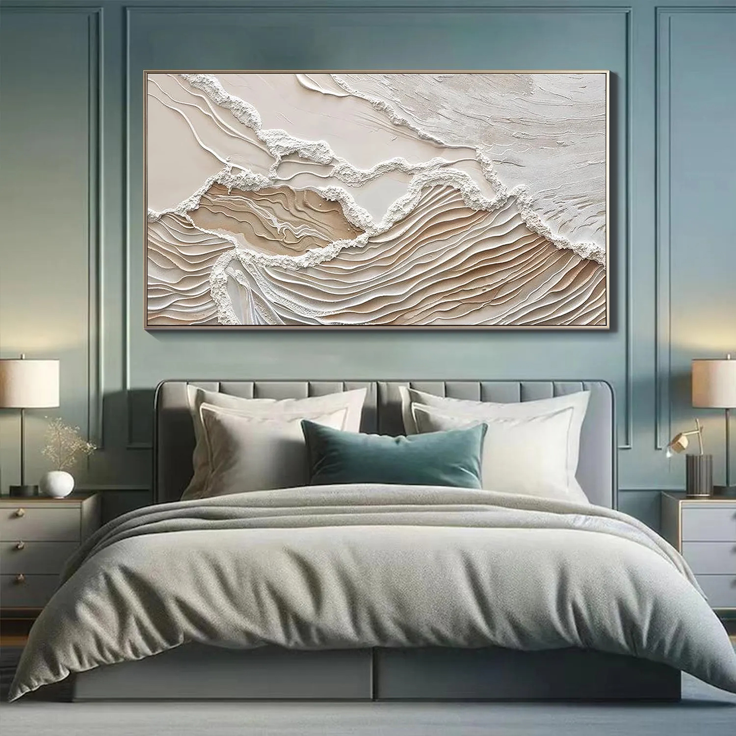 Earthen Strata – Hand-Painted Oatmeal and Tan Linear Plaster Relief Texture Painting | Japandi Organic Wabi-Sabi Living Room & Hallway Art