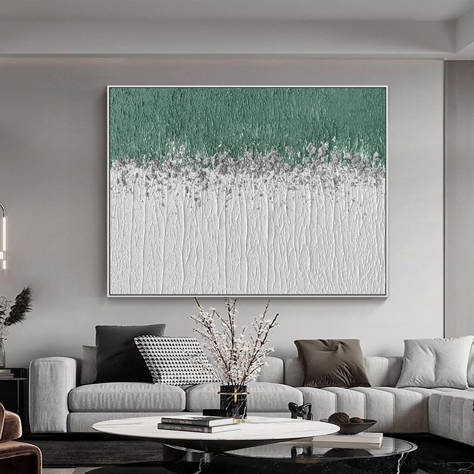 Misty Meadow – Panoramic Linear Texture Art | Heavy Impasto Green & White Abstract Living Room Decor