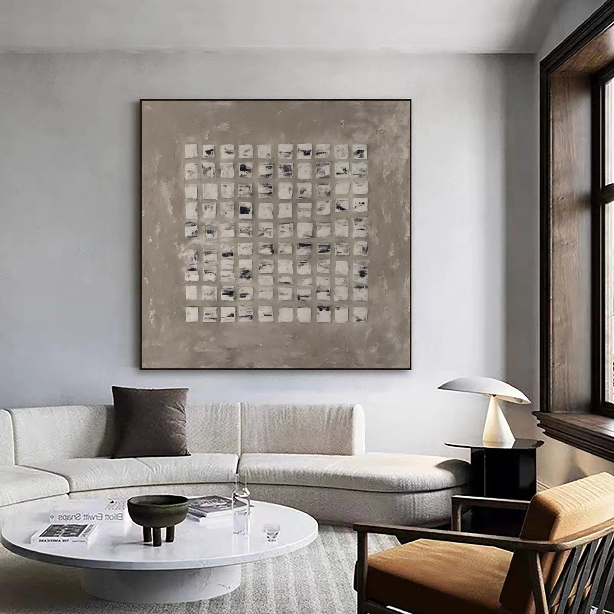 Square Sequence – Hand-Painted Neutral Grey Matrix Plaster Relief Wabi-Sabi Painting | Japandi Organic Wabi-Sabi Living Room & Hallway Art