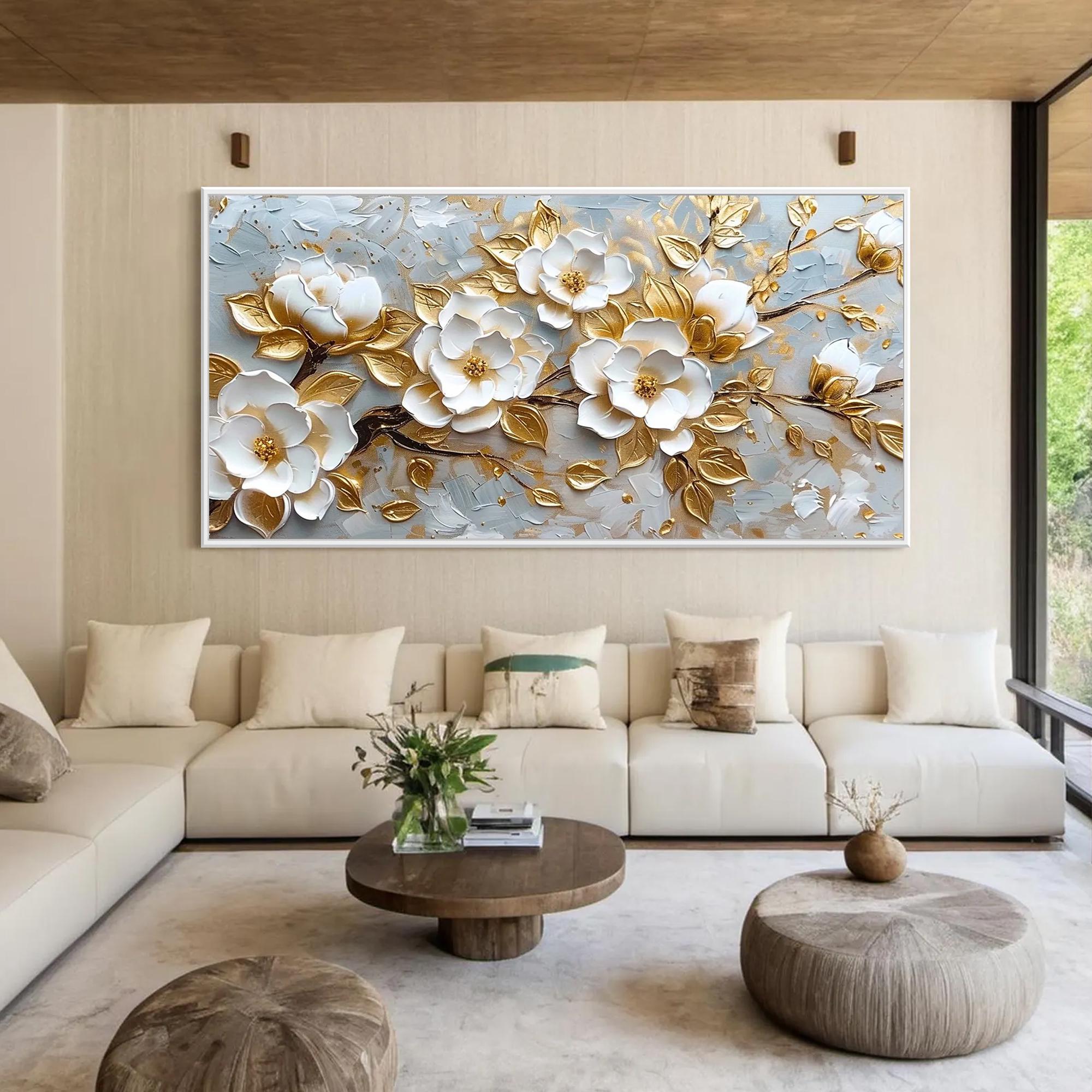 Golden Bloom – Luxury Gold Foil White Flower 3D Relief Floral Painting | Modern Luxury Botanical Bedroom & Living Room Art