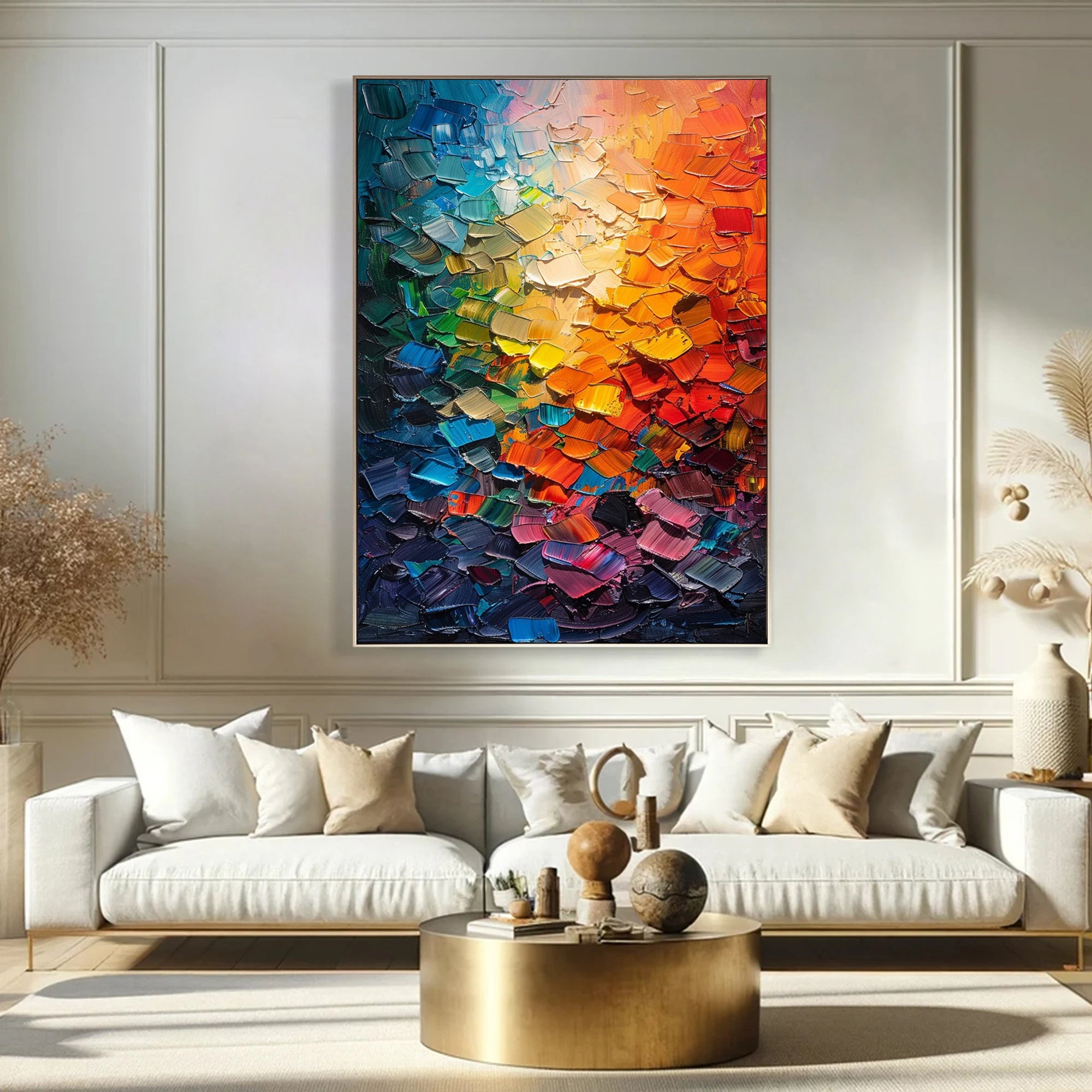 Prism Spectrum – Hand-Painted Multicolored Rainbow Palette Knife Abstract Painting | Bold Abstract Palette Knife Living Room Art