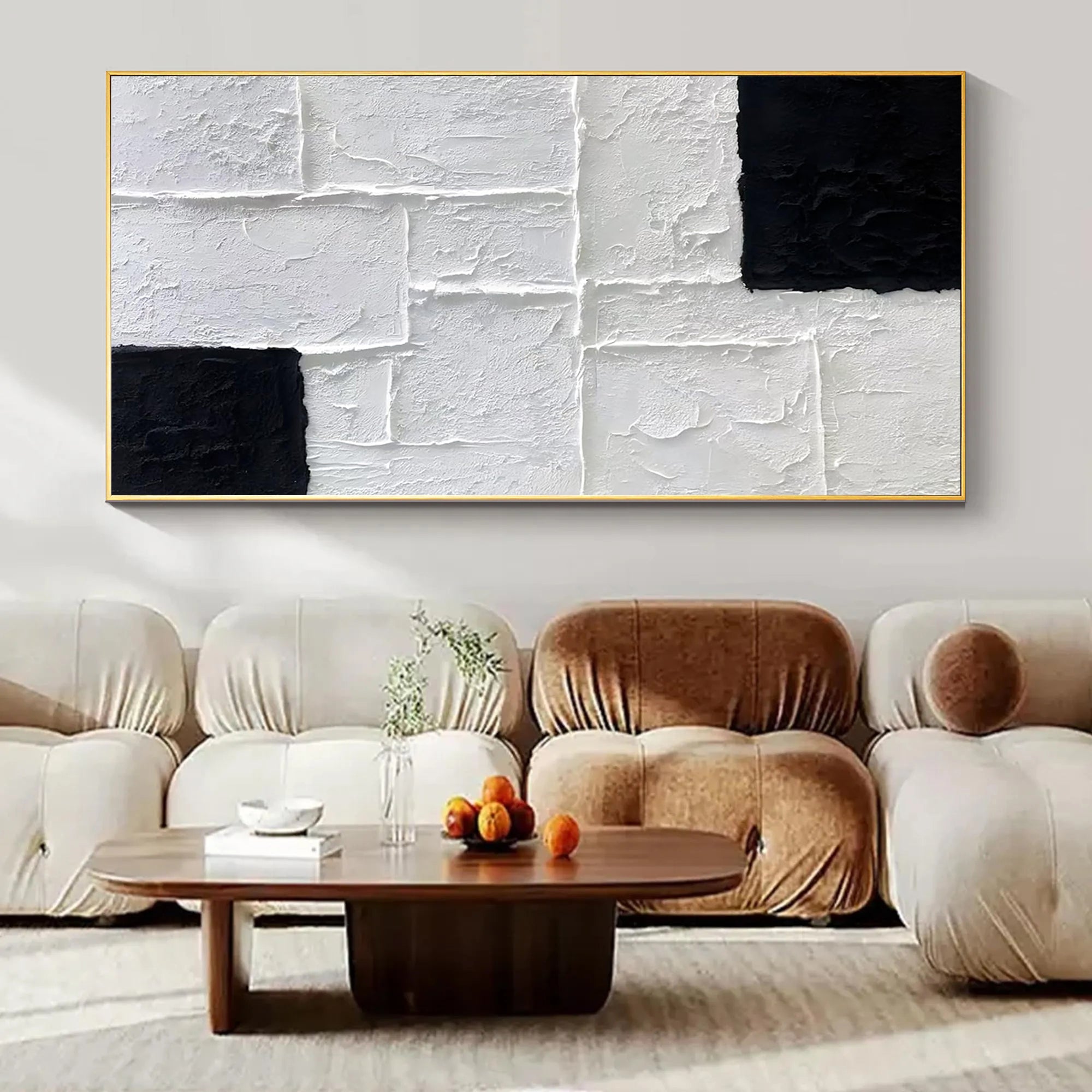 Mono Block – Black and White Geometric Relief Texture Painting | Industrial Abstract Home Office & Living Room Art