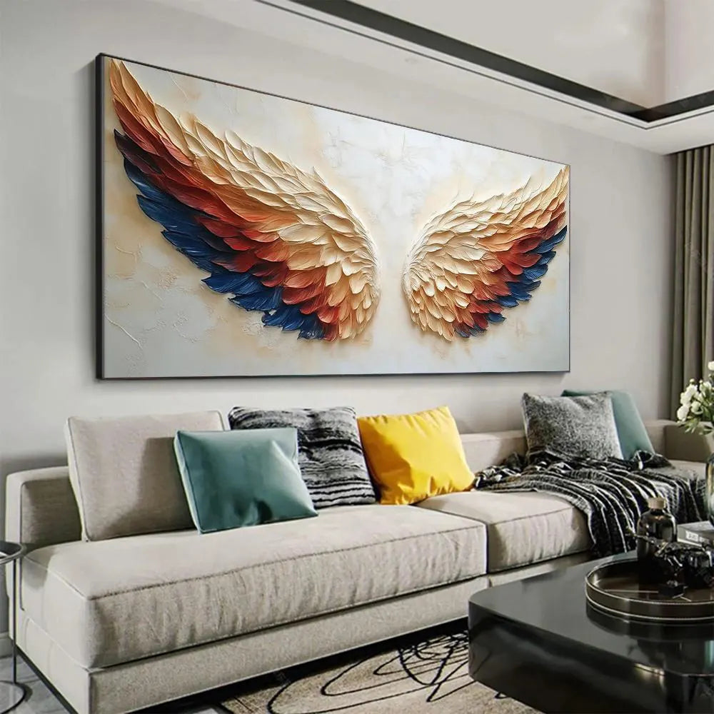 CELESTIAL WINGS: Texture Wall Art, Hand-Painted Navy Blue and Terracotta Angel Wings 3D Relief Plaster Studio Art
