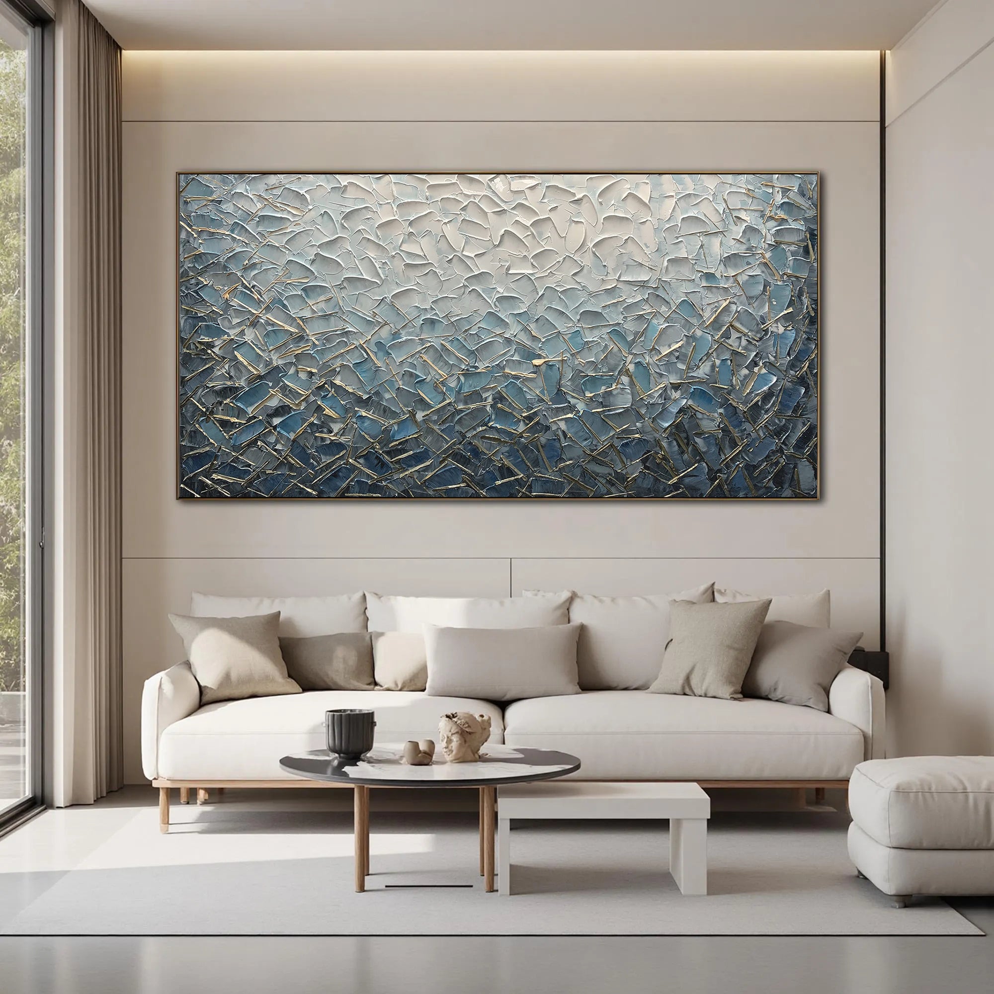 Azure Weave – Modern Blue and Silver Plaster Abstract Painting | Modern Abstract Living Room & Office Art