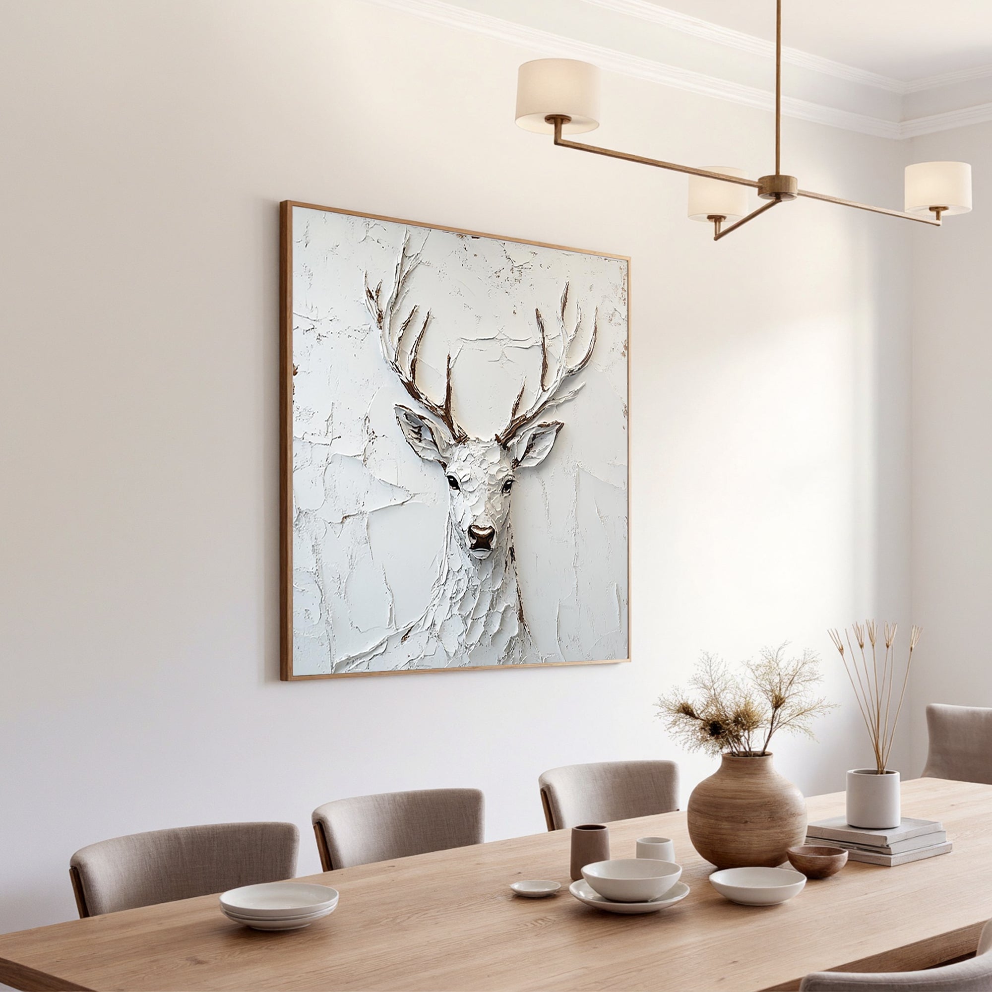 WINTER SPIRIT: 3D Heavy Texture White Deer Wall Art, Plaster Relief Stag Sculpture Art