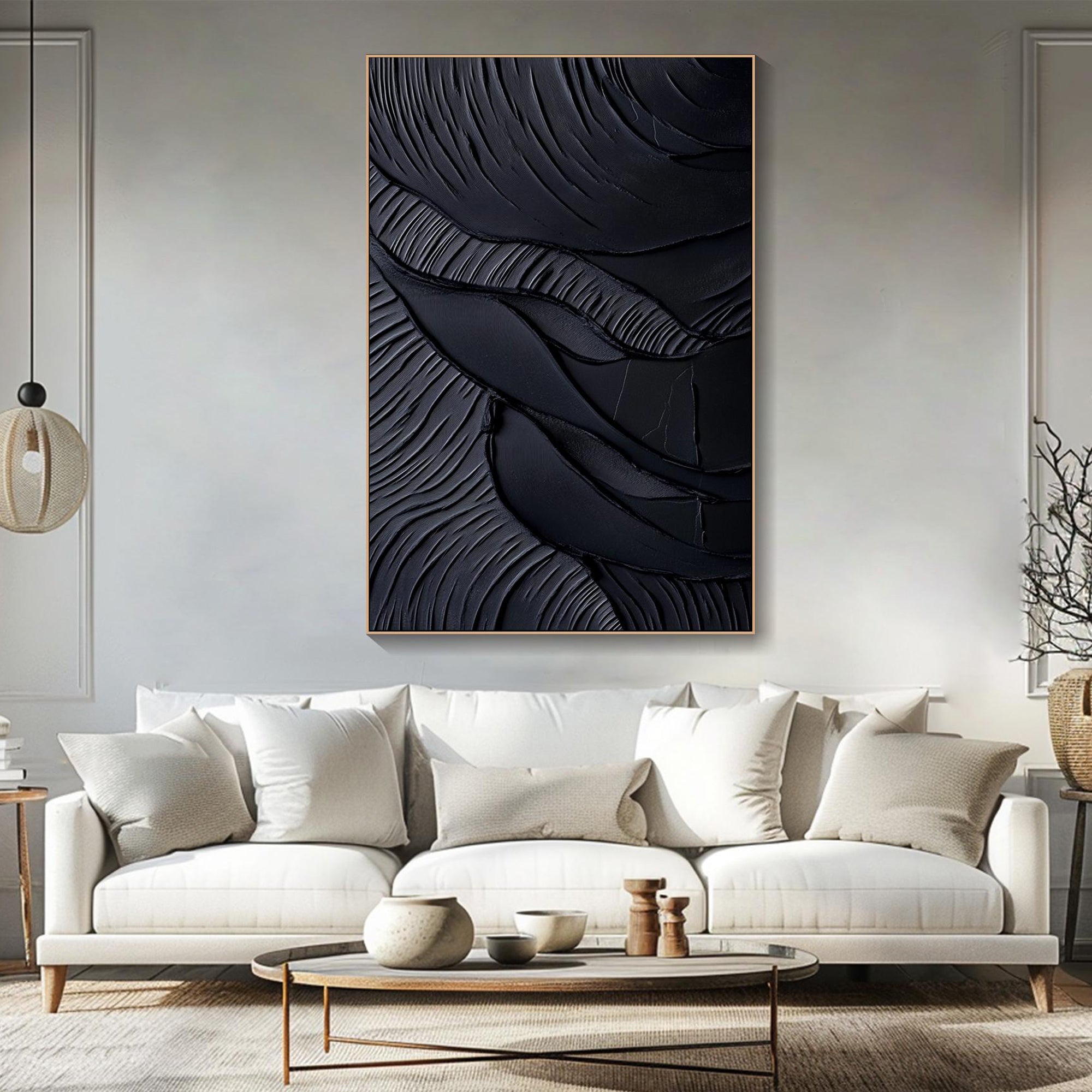 Obsidian Waves – Hand-Painted Pure Black Plaster Effect 3D Relief Wabi-Sabi Painting | Modern Noir Wabi-Sabi Living Room & Home Office Art