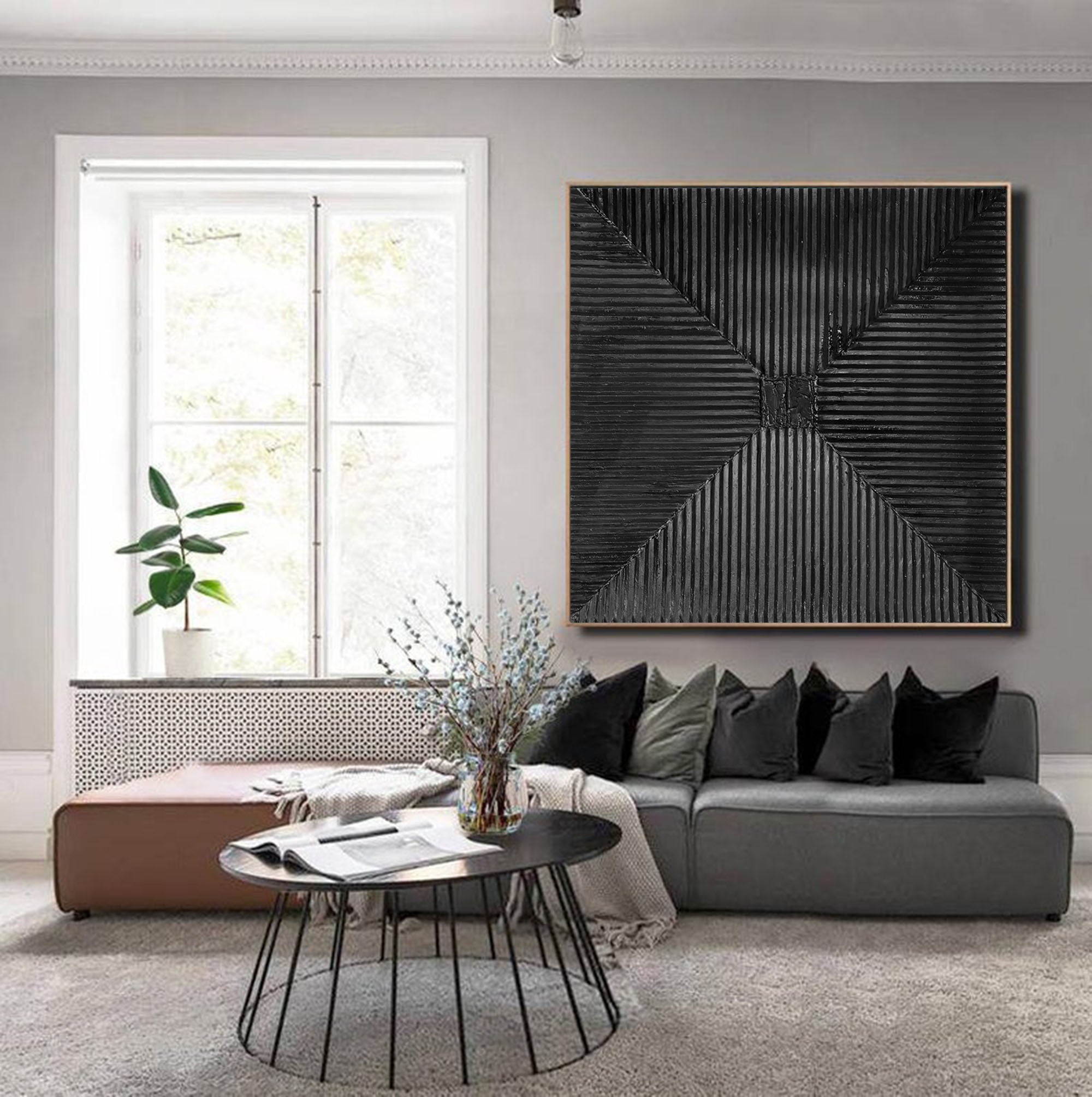 Dark Radiance – Modern Wabi-Sabi Radial Relief Monochromatic Minimalist Painting | Japandi Wabi-Sabi Living Room & Bedroom Art