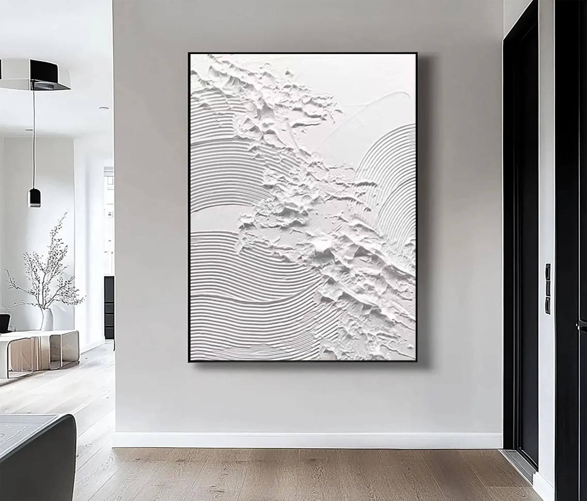 Pure Dimension – Minimalist Pure White Linear Abstract Plaster Relief Painting | Minimalist Sculpted Plaster Gallery Art