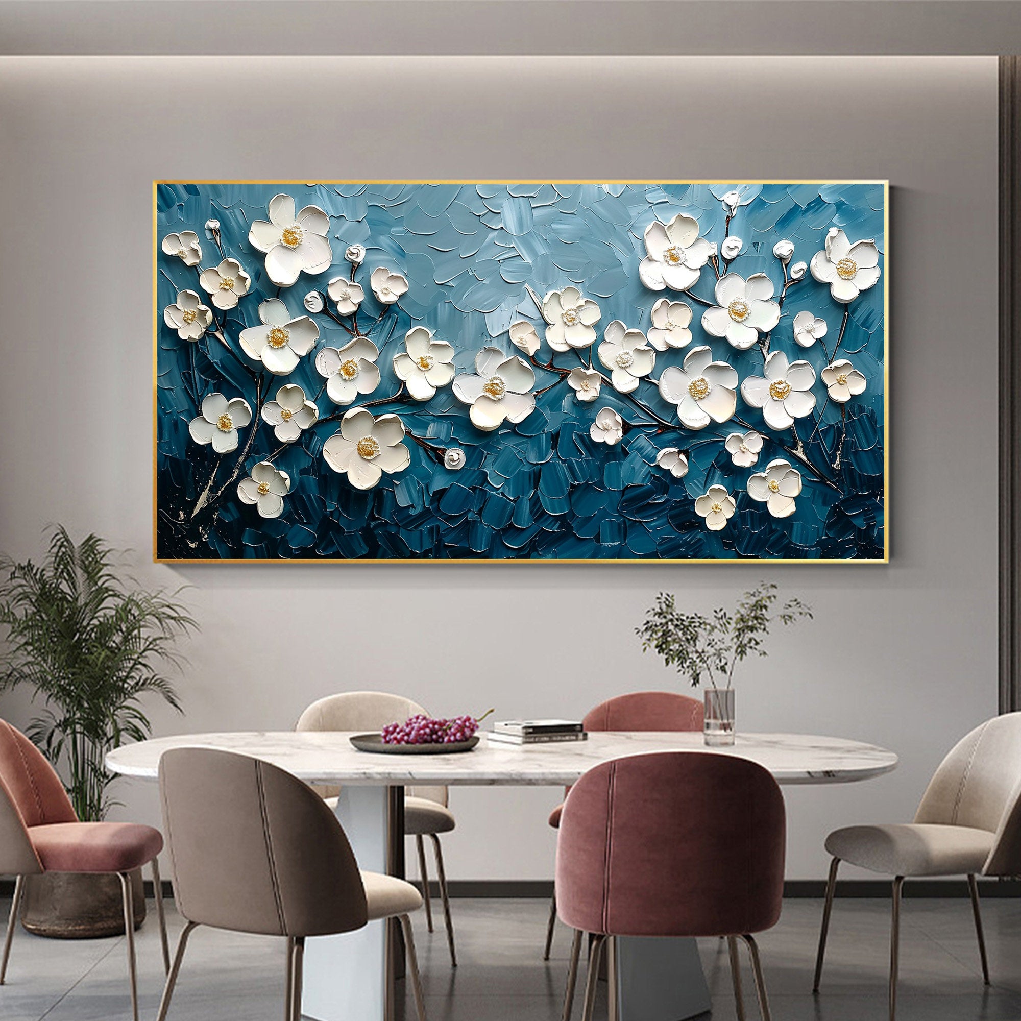 Midnight Blossom – Hand-Painted Prussian Blue and White 3D Relief Plaster Effect Floral Painting | Contemporary Botanical Bedroom & Living Room Art