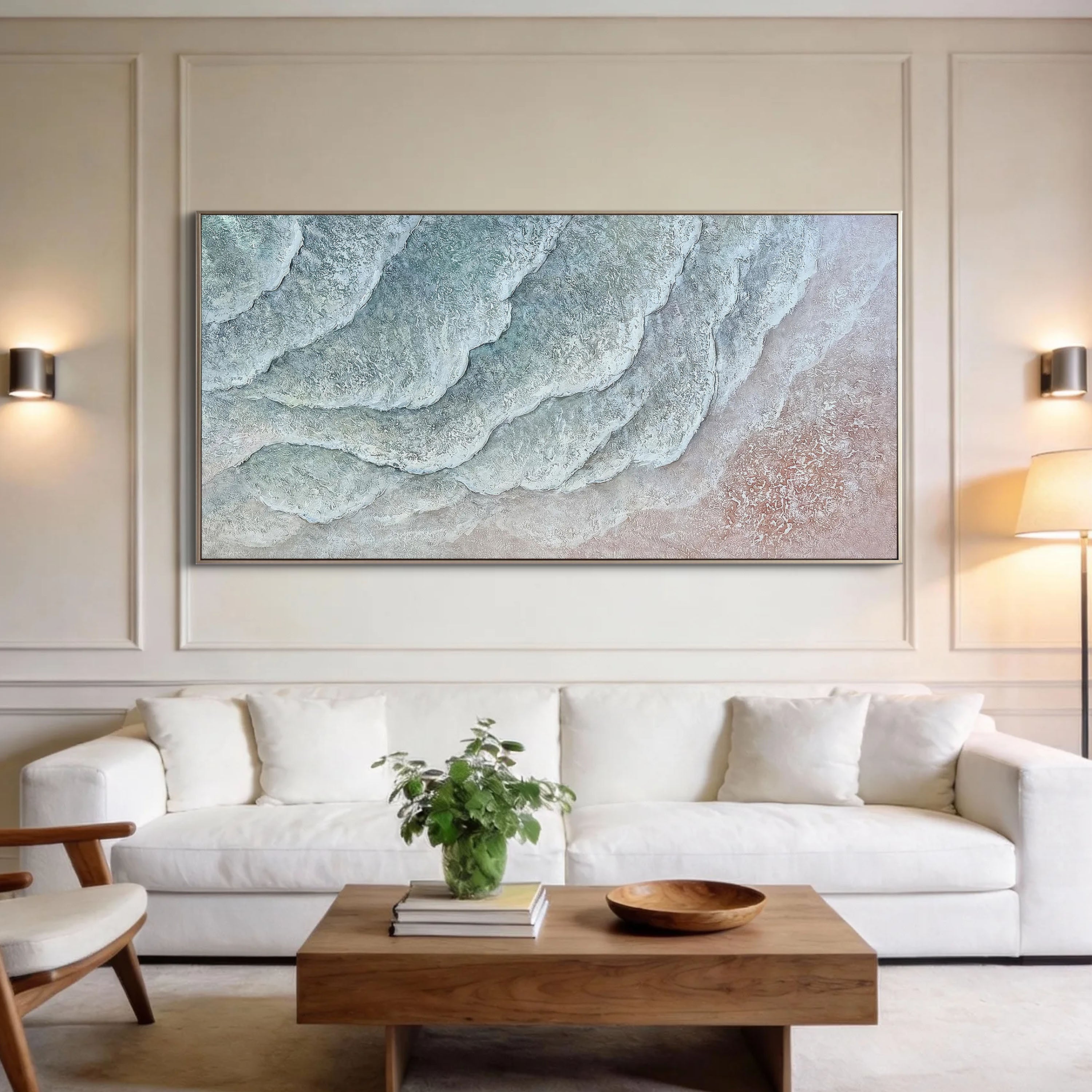 Gentle Tides – Modern Heavy Textured Abstract Waves | Wabi-Sabi Living Room Horizontal Wall Art