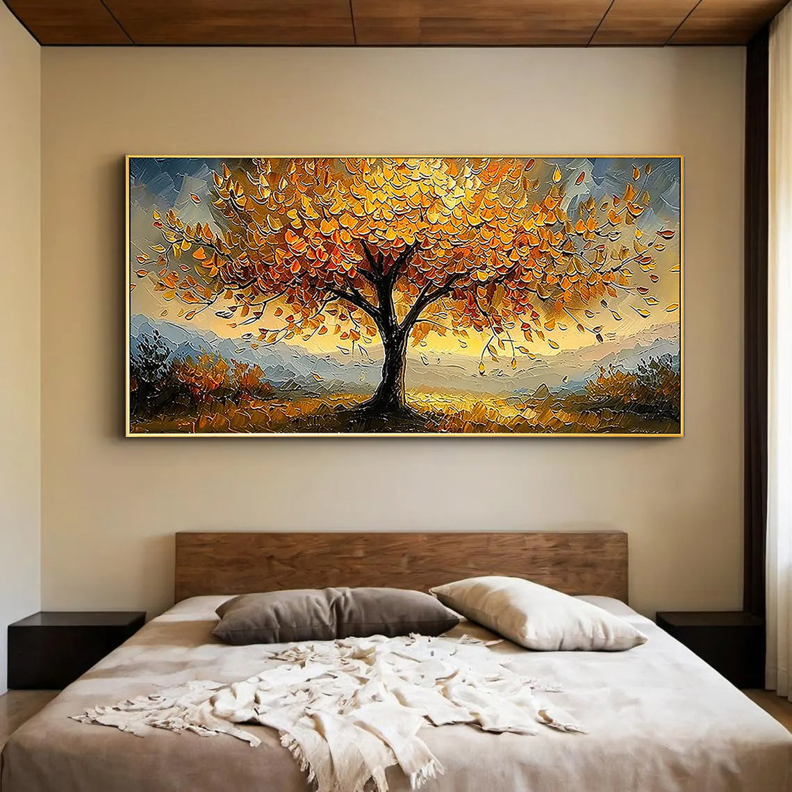 Golden Anthem – Modern Hand-Painted Impasto Oil Painting | Textured Tree of Life Living Room Art