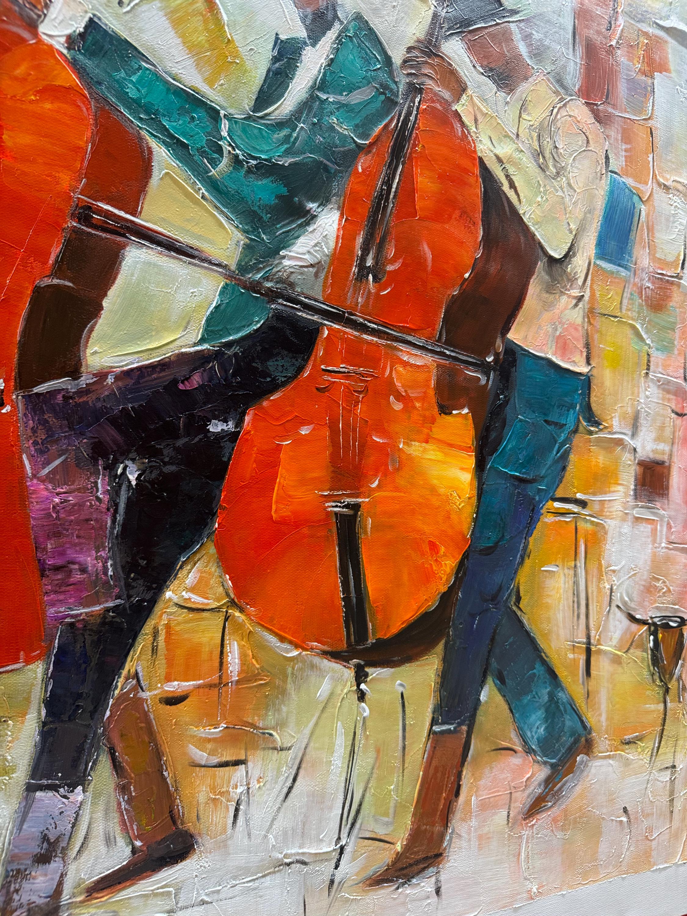 Jazz Rhythm – Hand-Painted Abstract Cello Ensemble Musical Palette Knife Textured Oil Portrait Painting | Contemporary Expressionist Living Room & Office Art