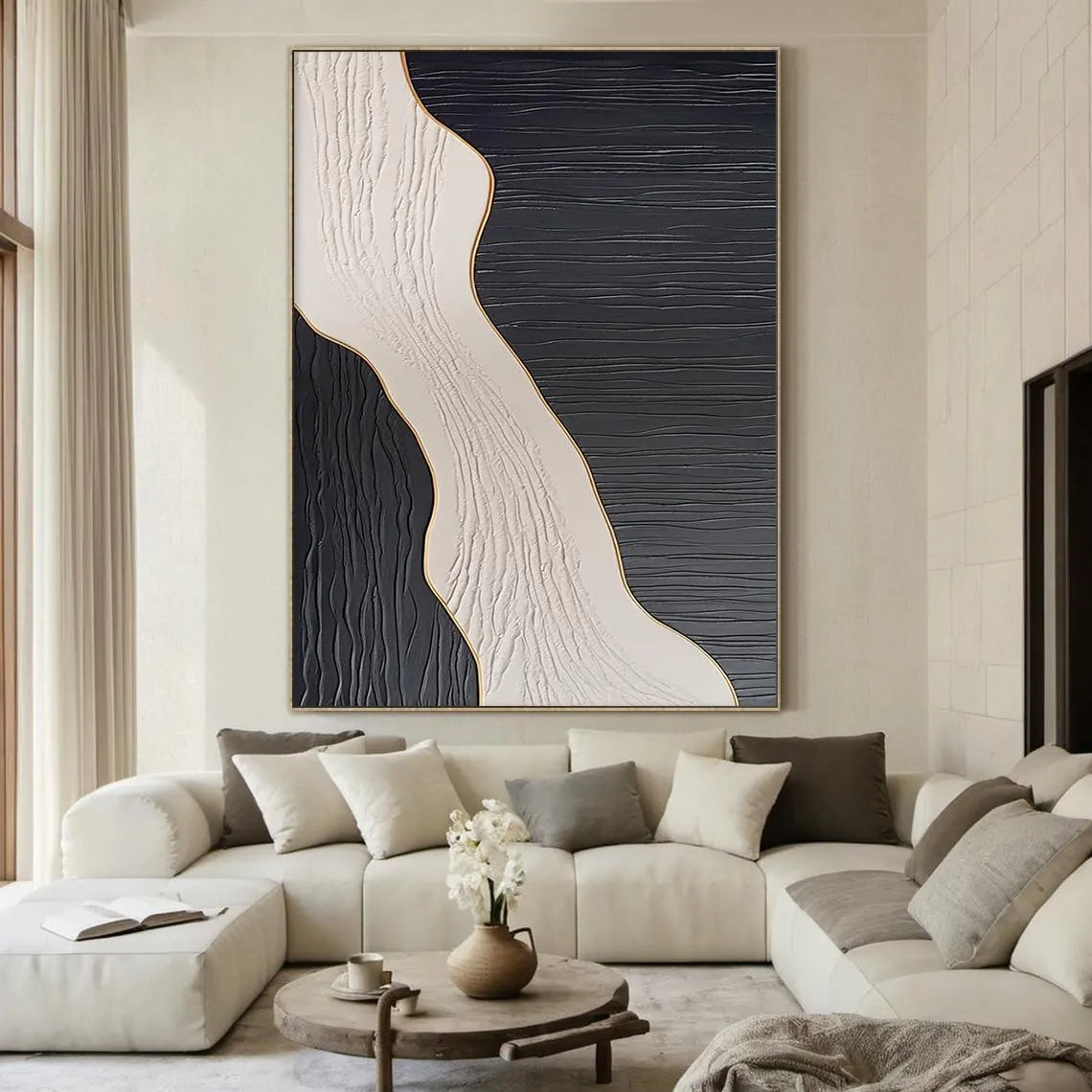 MONOCHROME PULSE: Wabi-sabi Linear Texture Art, Heavy Impasto Black & White Sculptural Painting