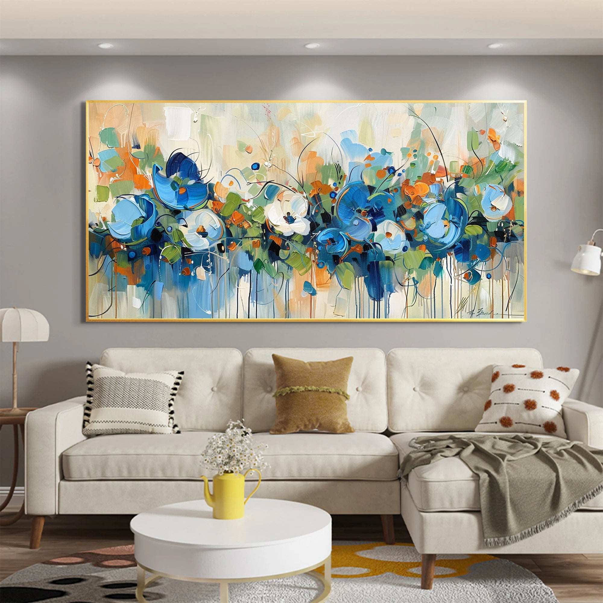 Azure Whisper – Hand-Painted Blue Wildflower Palette Knife Thick Textured Impressionist Oil Floral Painting | Contemporary Botanical Bedroom & Living Room Art