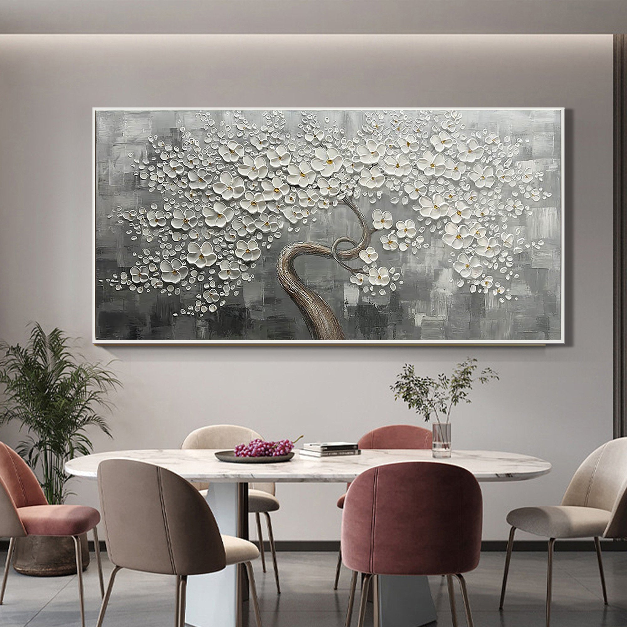 Silver Blossom – Hand-Painted White Tree 3D Relief Heavy Texture Plaster Floral Painting | Contemporary Botanical Bedroom & Living Room Art